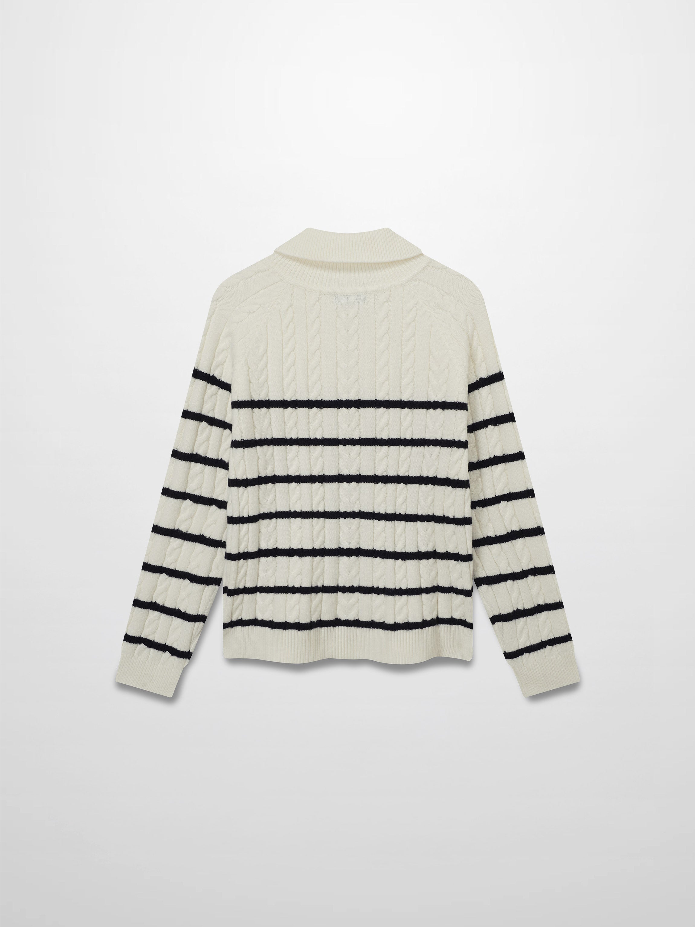 Shawl Snap Collar Striped Cable Sweater-Cream/Black