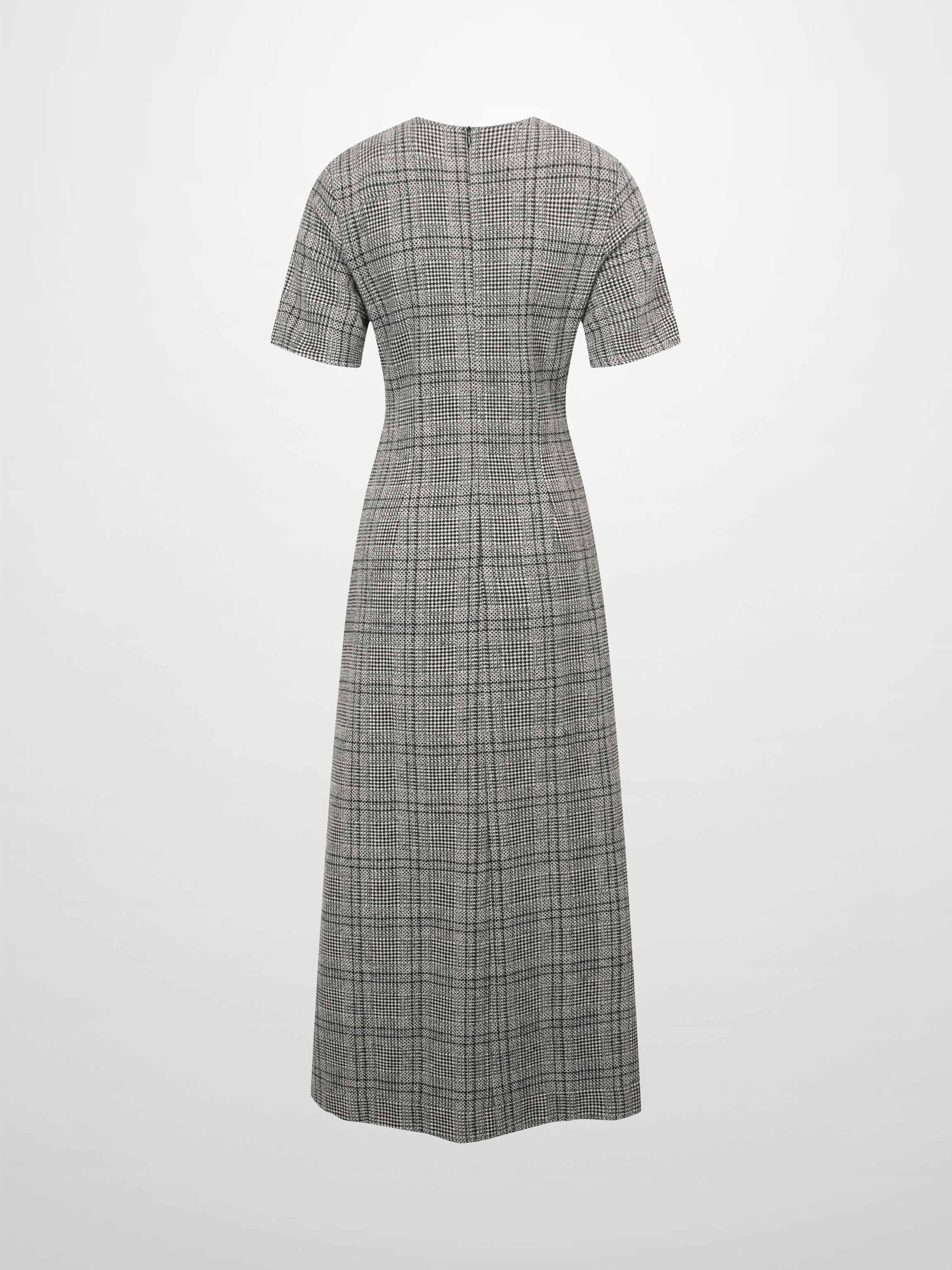 Front Pleat Square Neck Dress-Black/White Plaid