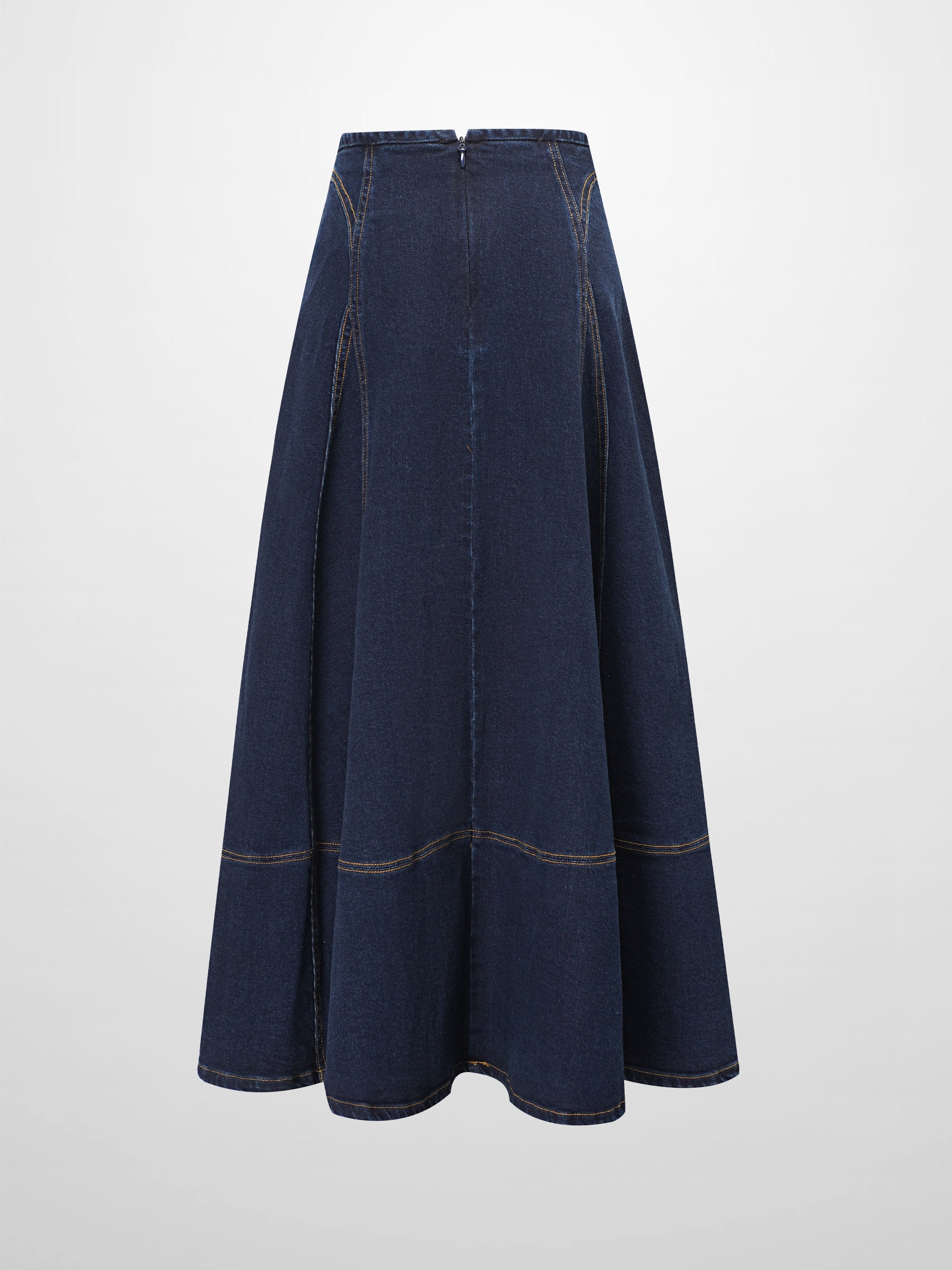 Seamed Full Circle Denim Skirt-Blue