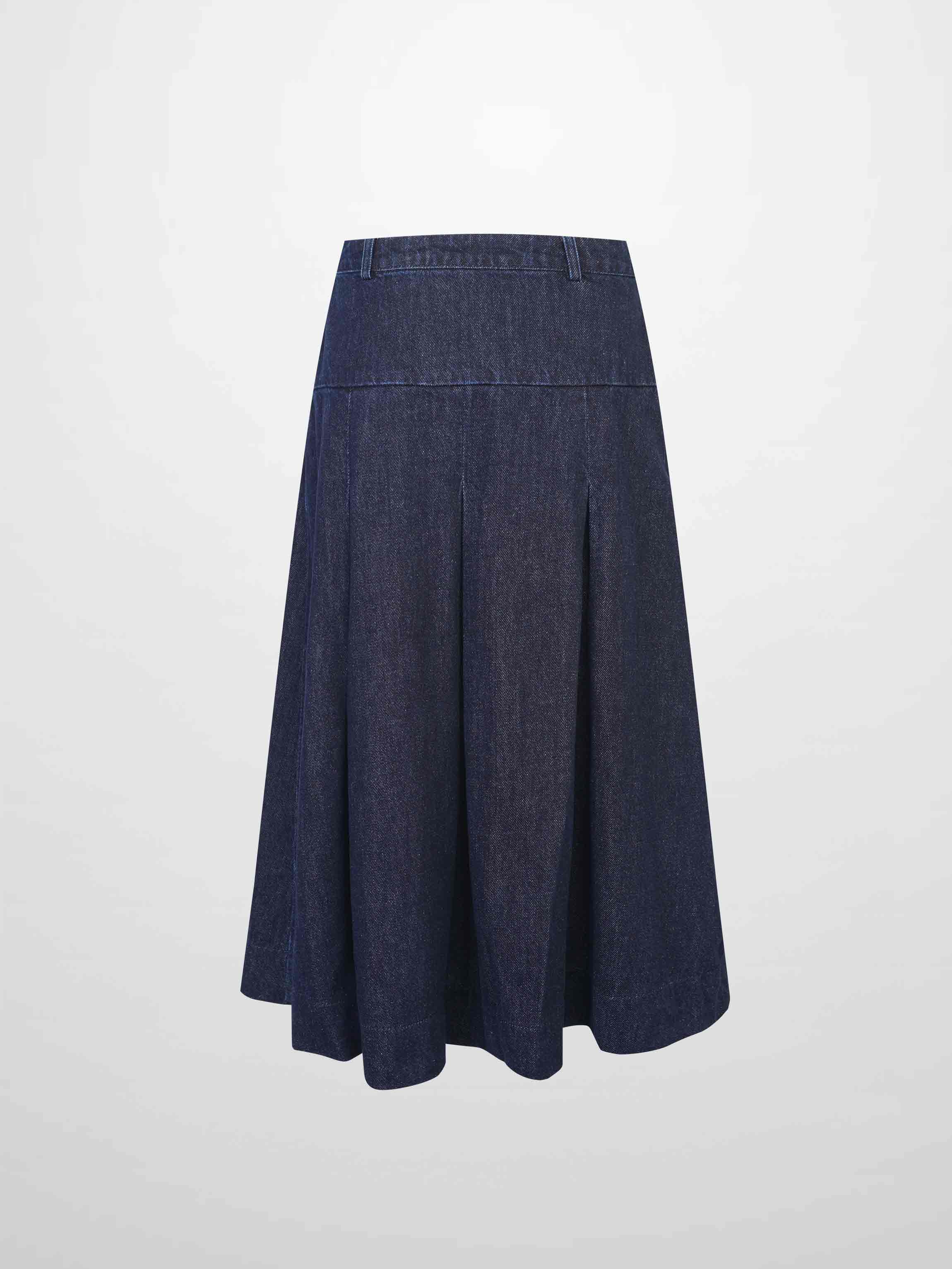 Yoke Pleated Denim Skirt-Blue