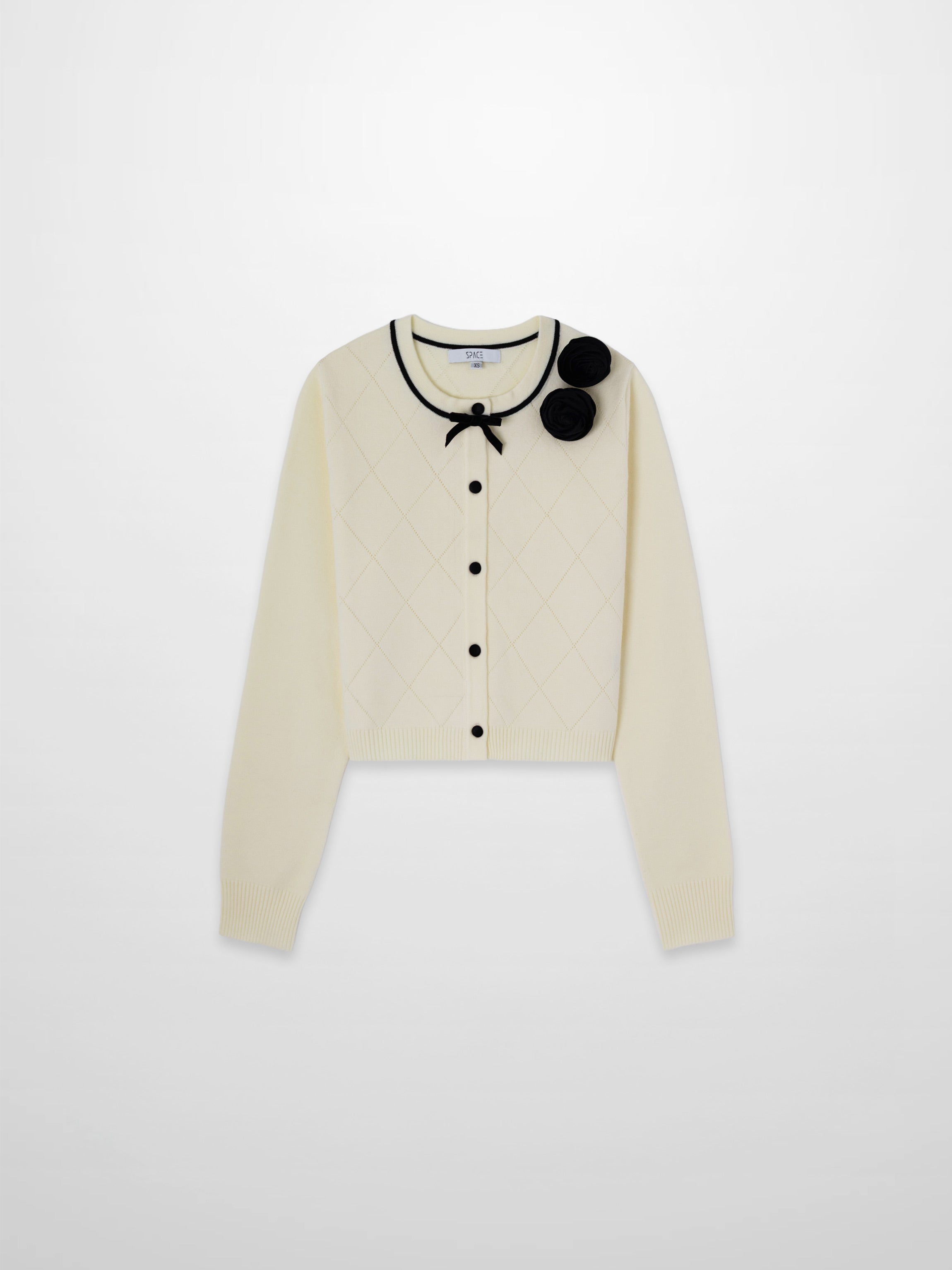 Velvet Detail Pointelle Crew Cardigan-Cream/Black