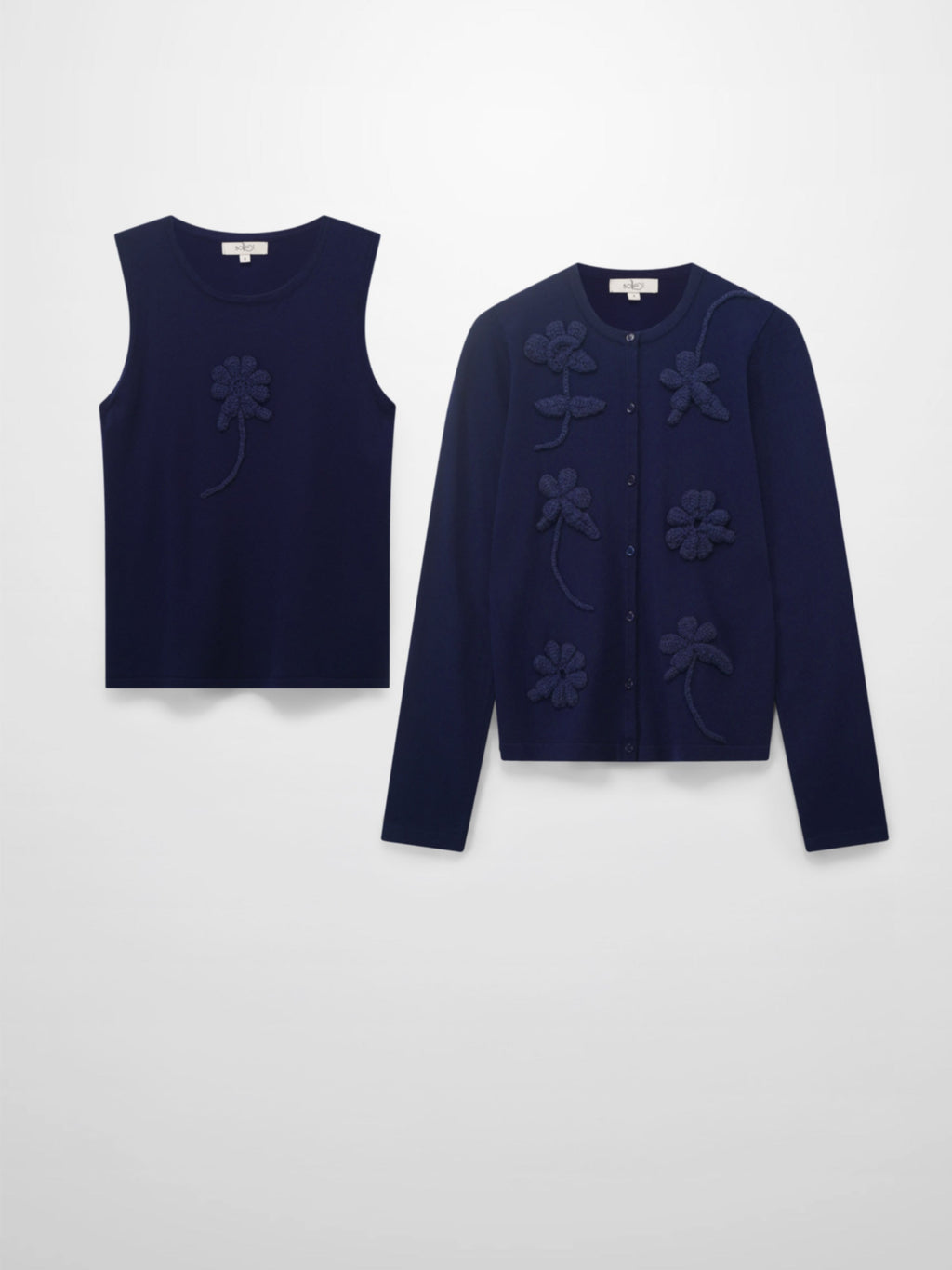 Crochet Puff Flower Sweater Set-Navy