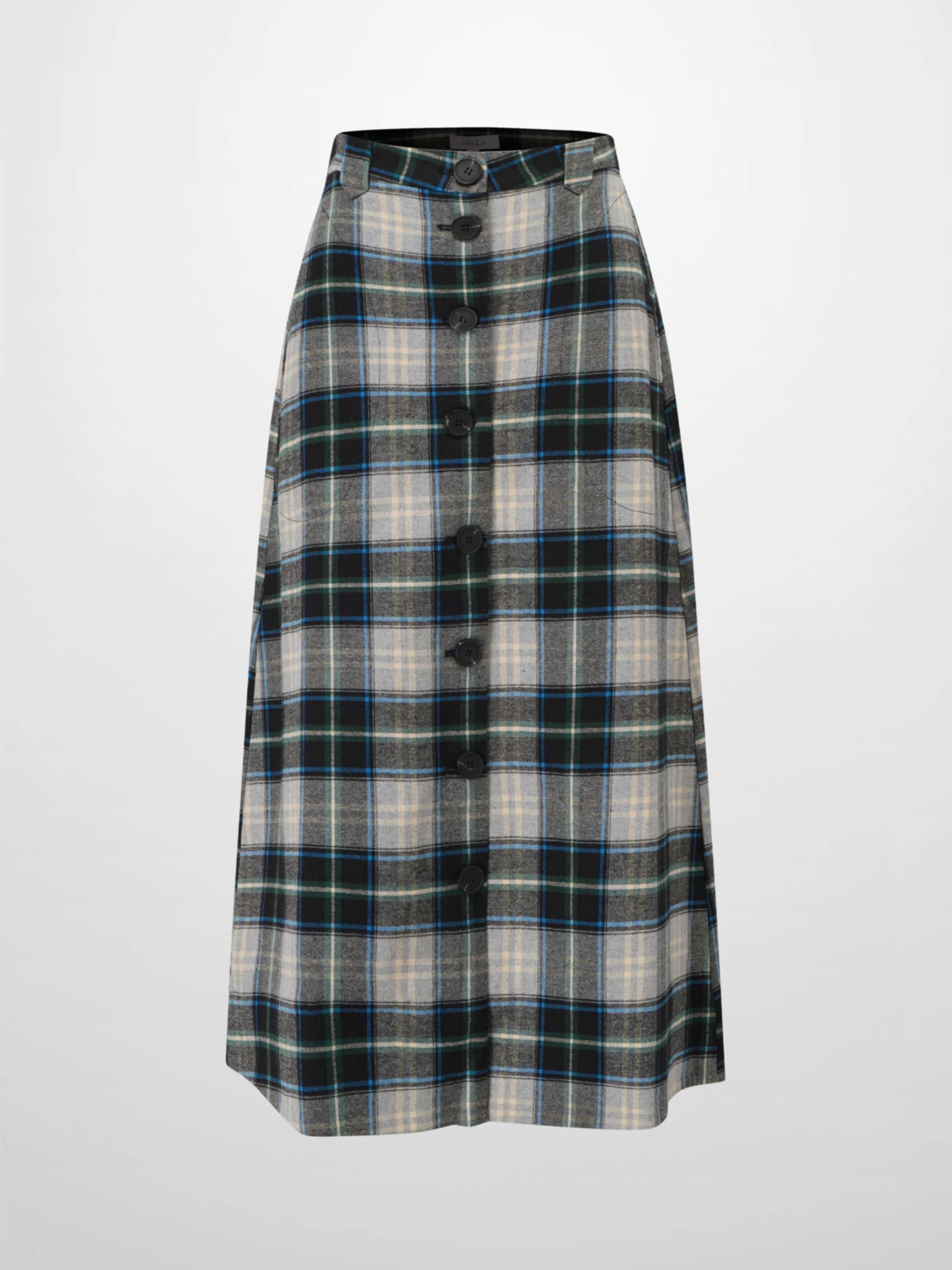 Plaid Button Down A-Line Skirt-Black/White/Blue