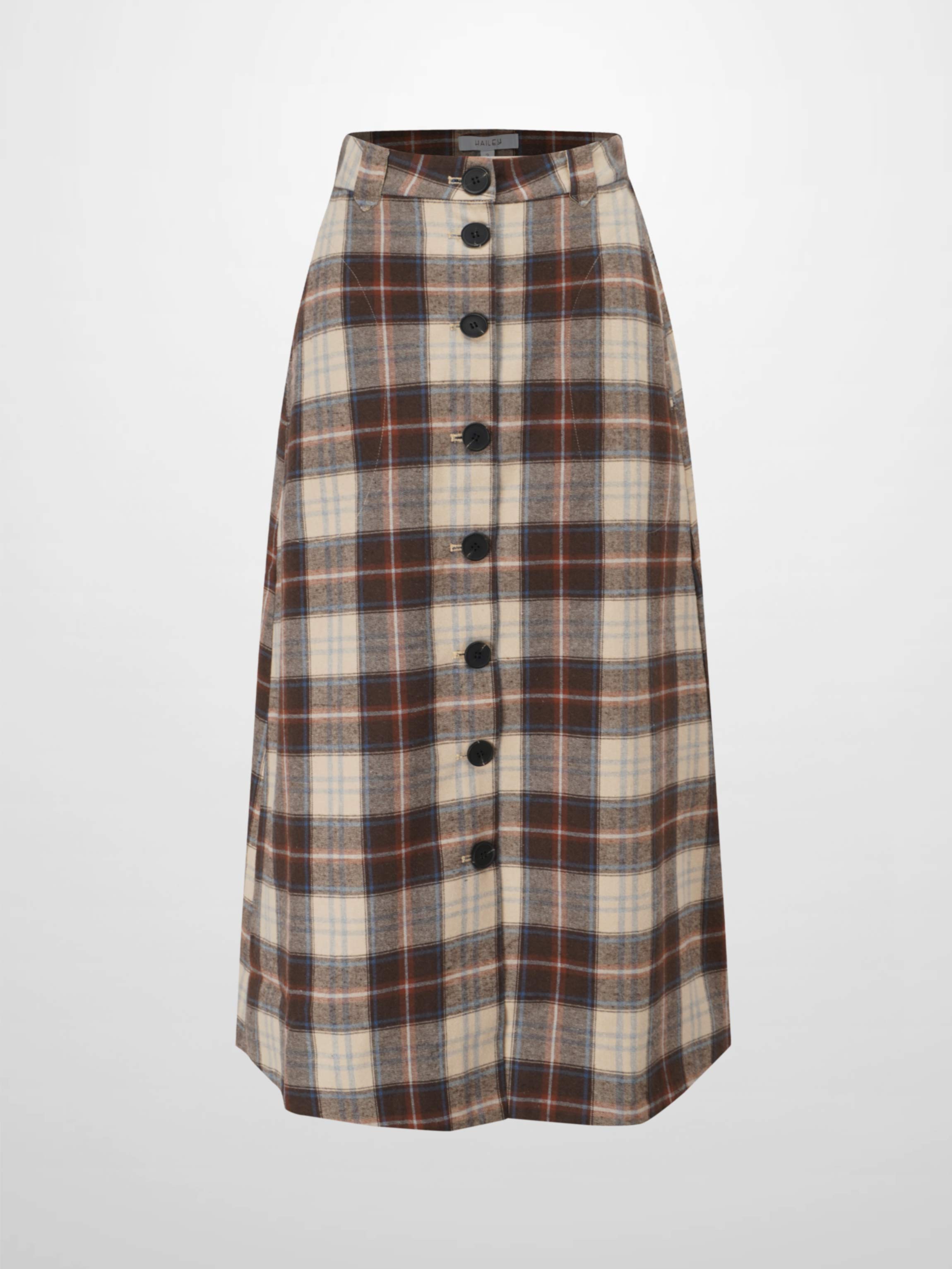 Plaid Button Down A-Line Skirt-Ivory/Tan/Brown