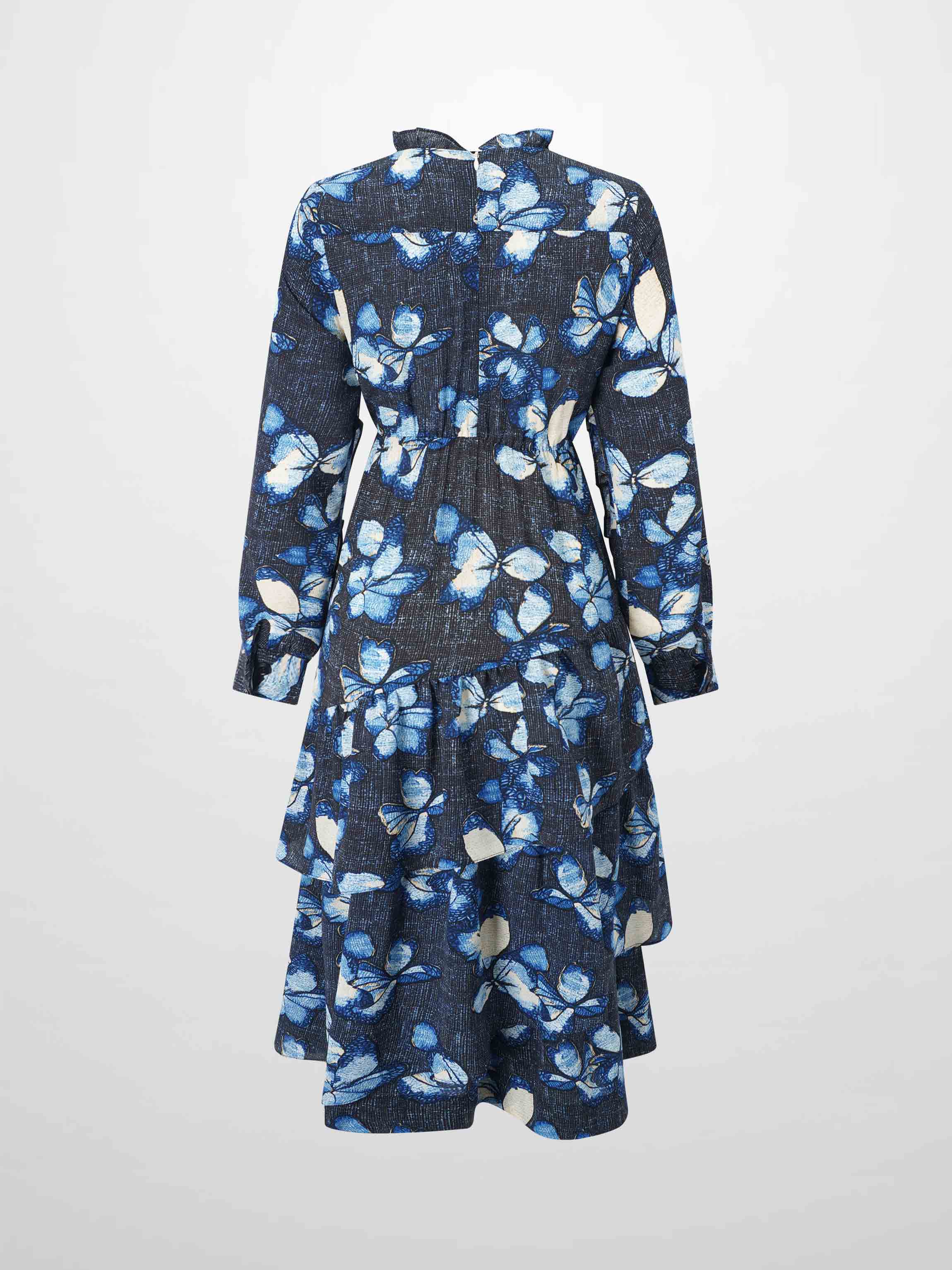 Layered Belted Dress-Blue Floral