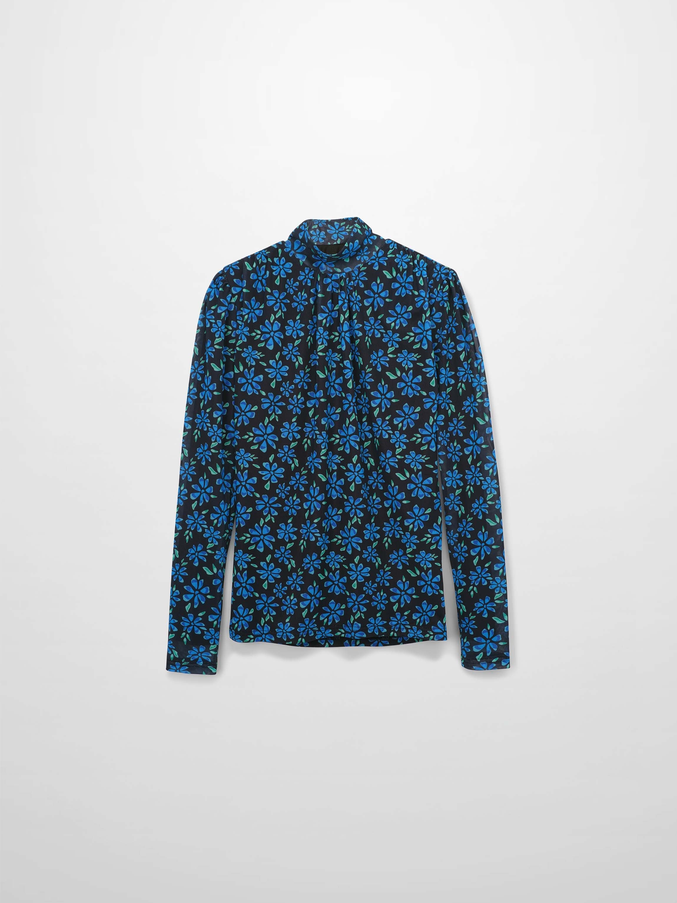 Mesh Mock Neck Top-Blue Floral