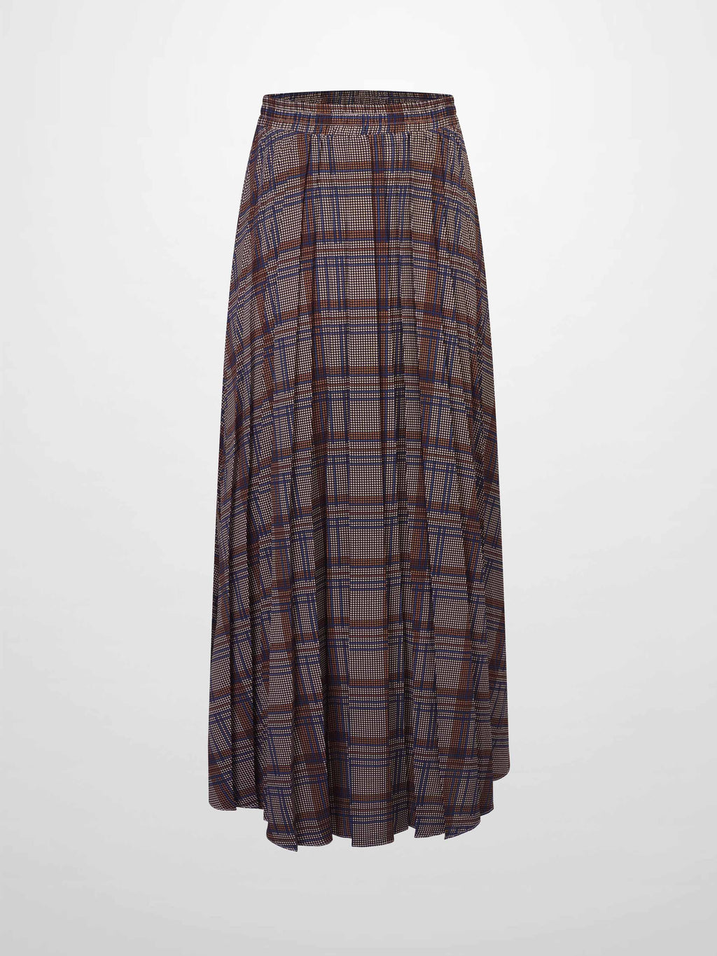 Covered Band Pleated Skirt-Brown/Blue Plaid