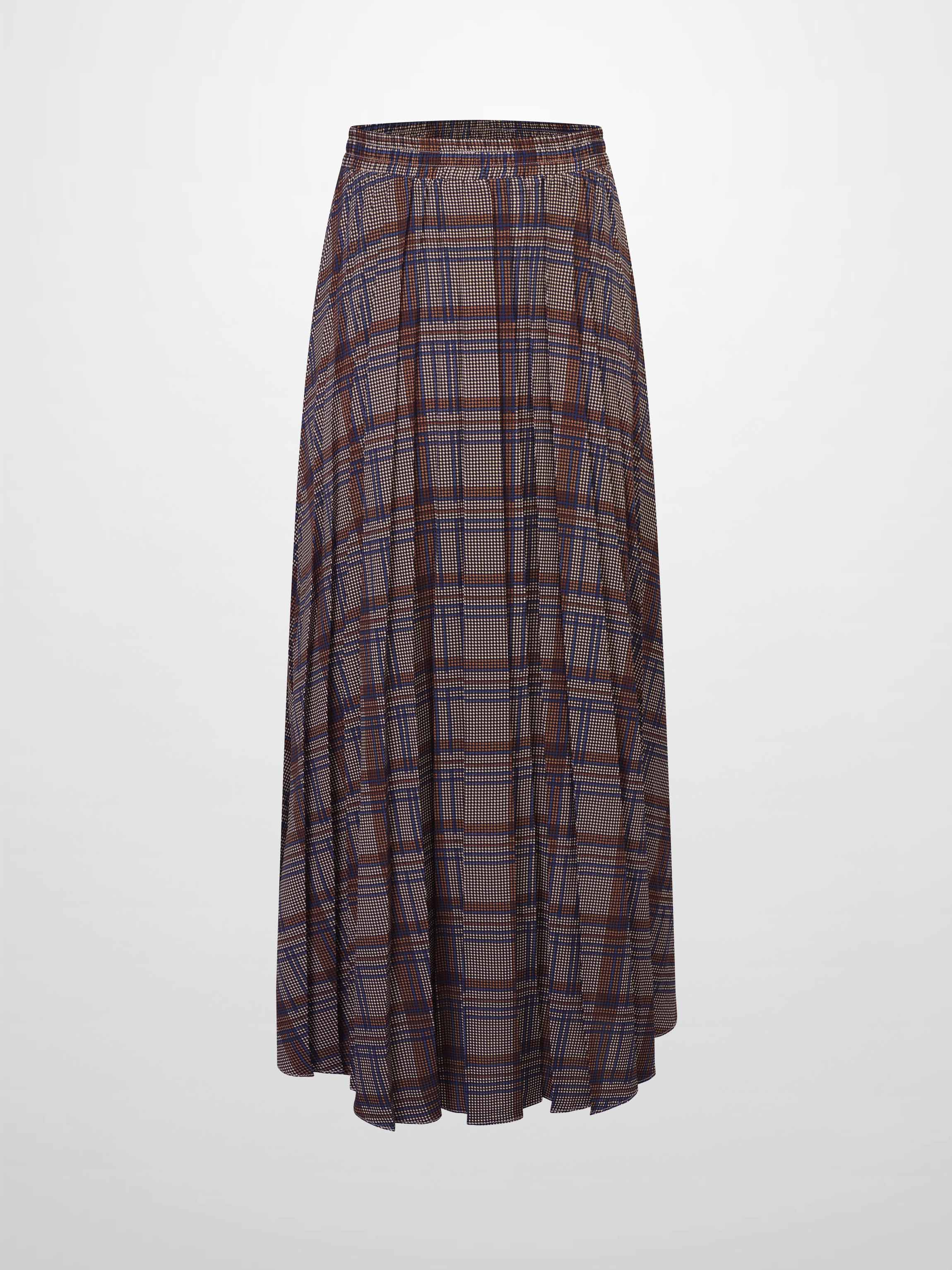 Covered Band Pleated Skirt-Brown/Blue Plaid