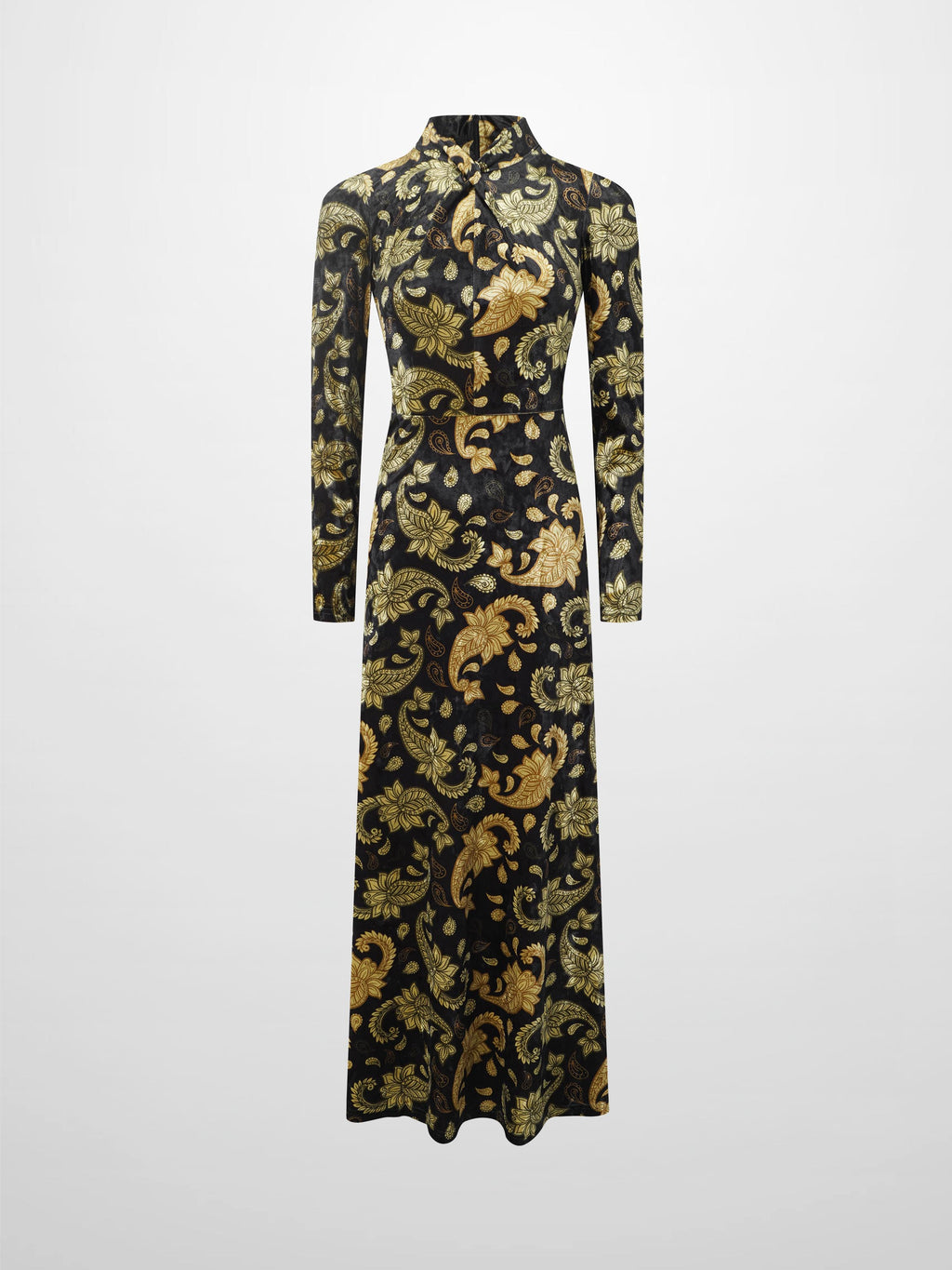 Velour Front Knot Maxi Dress-Gold Paisley
