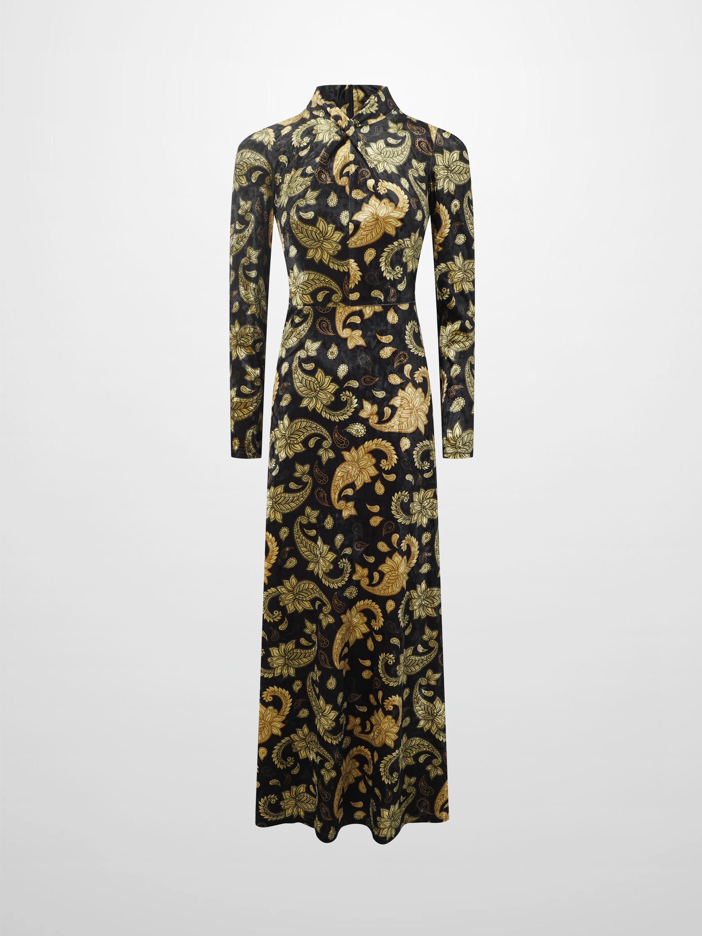 Velour Front Knot Maxi Dress-Gold Paisley