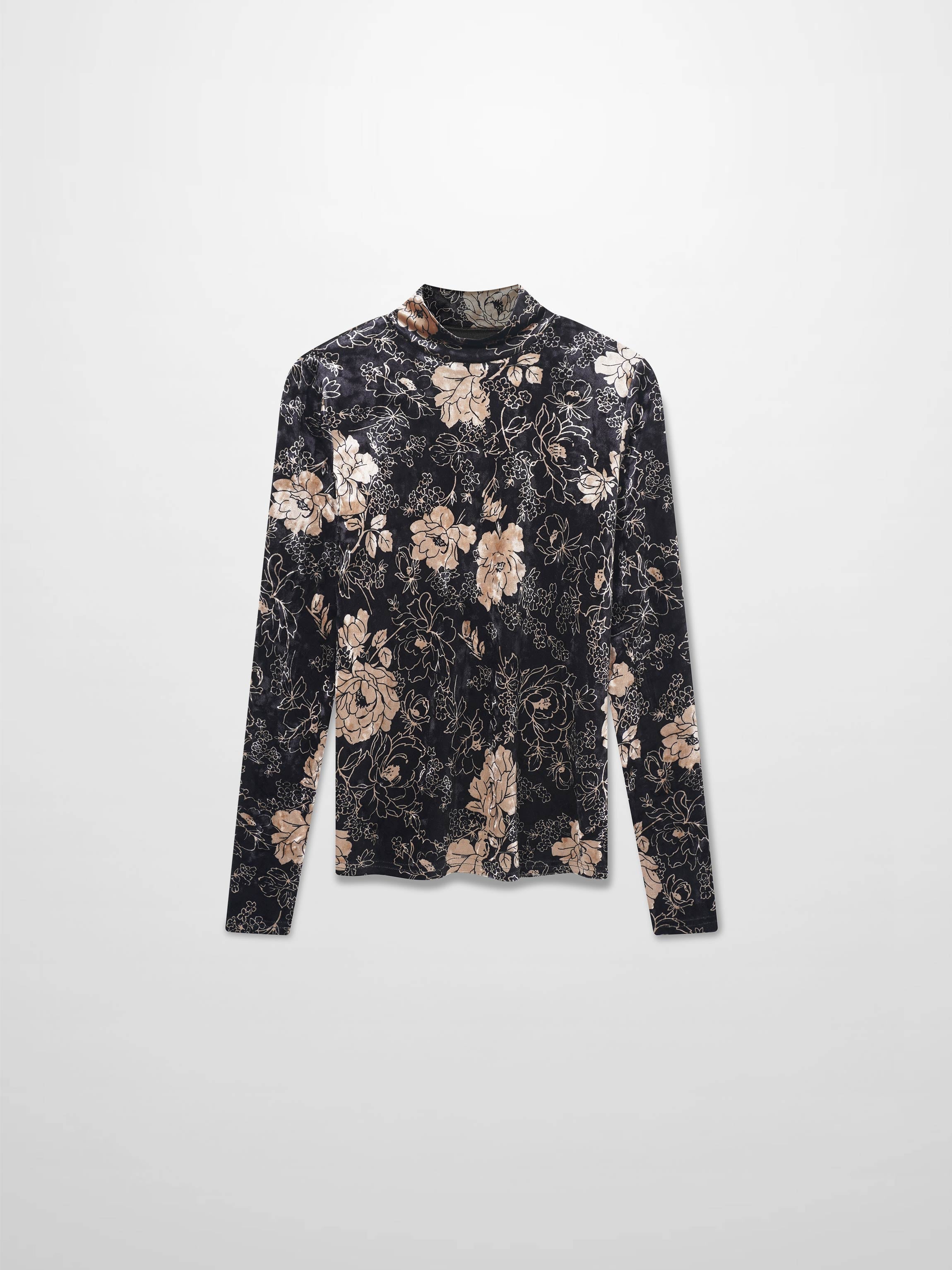 Printed Velour Turtleneck-Gold Floral