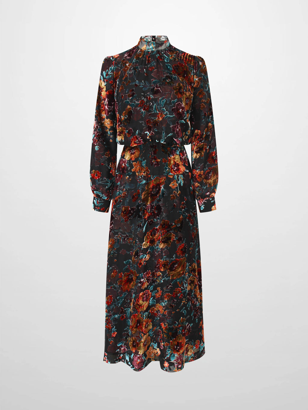 Waisted Yoke Dress-Colored Velvet Floral