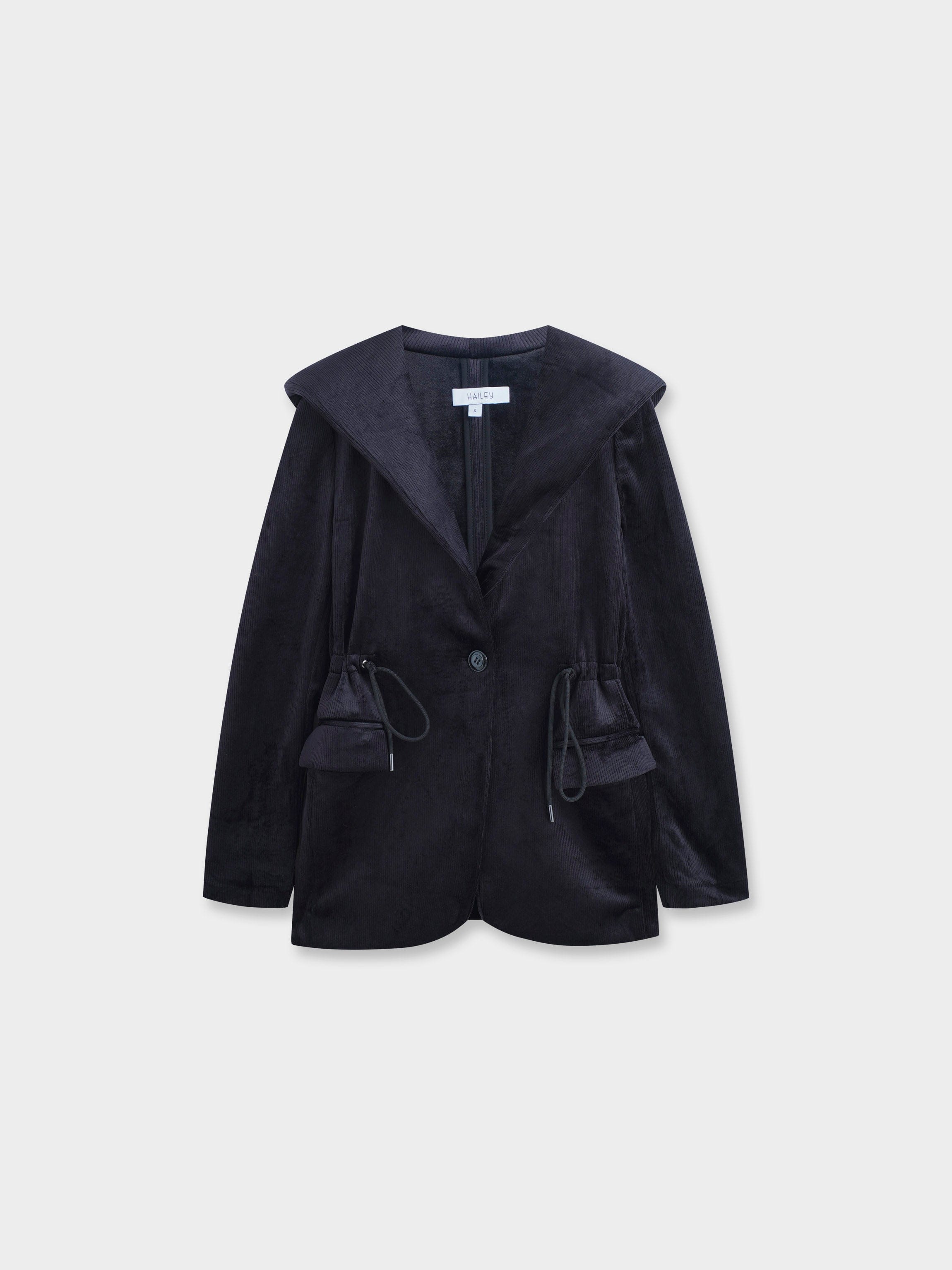 Velour Ribbed Blazer-Black