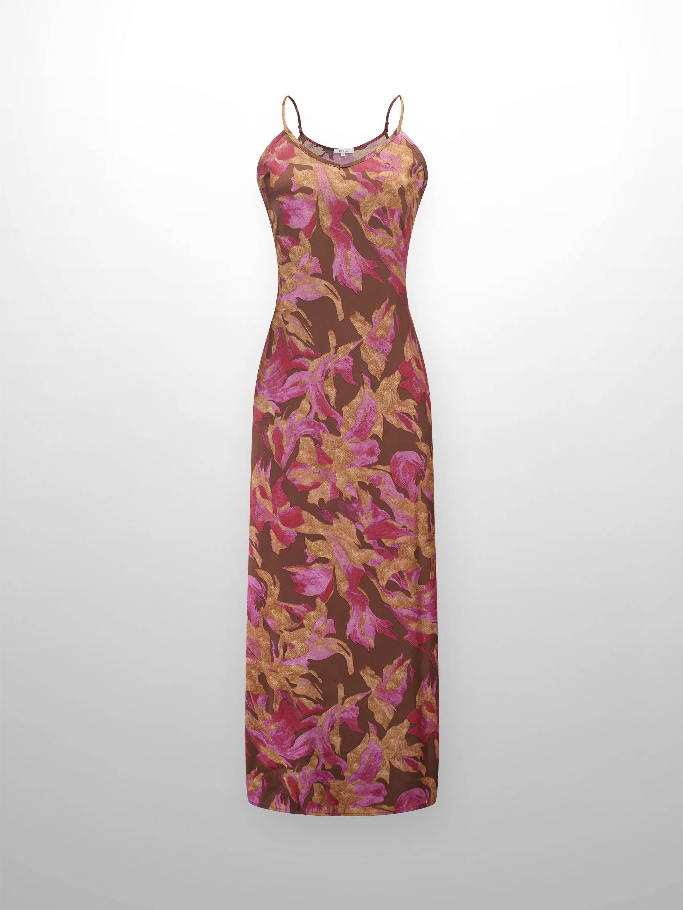 A-Line V Neck Slip Dress-Brown/Pink Floral