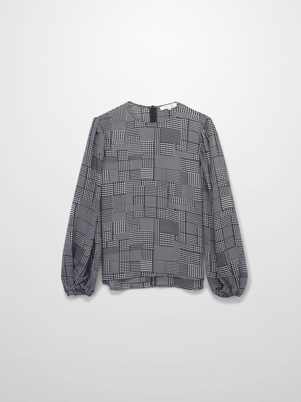 Houndstooth Blouson Sleeve Blouse-Black