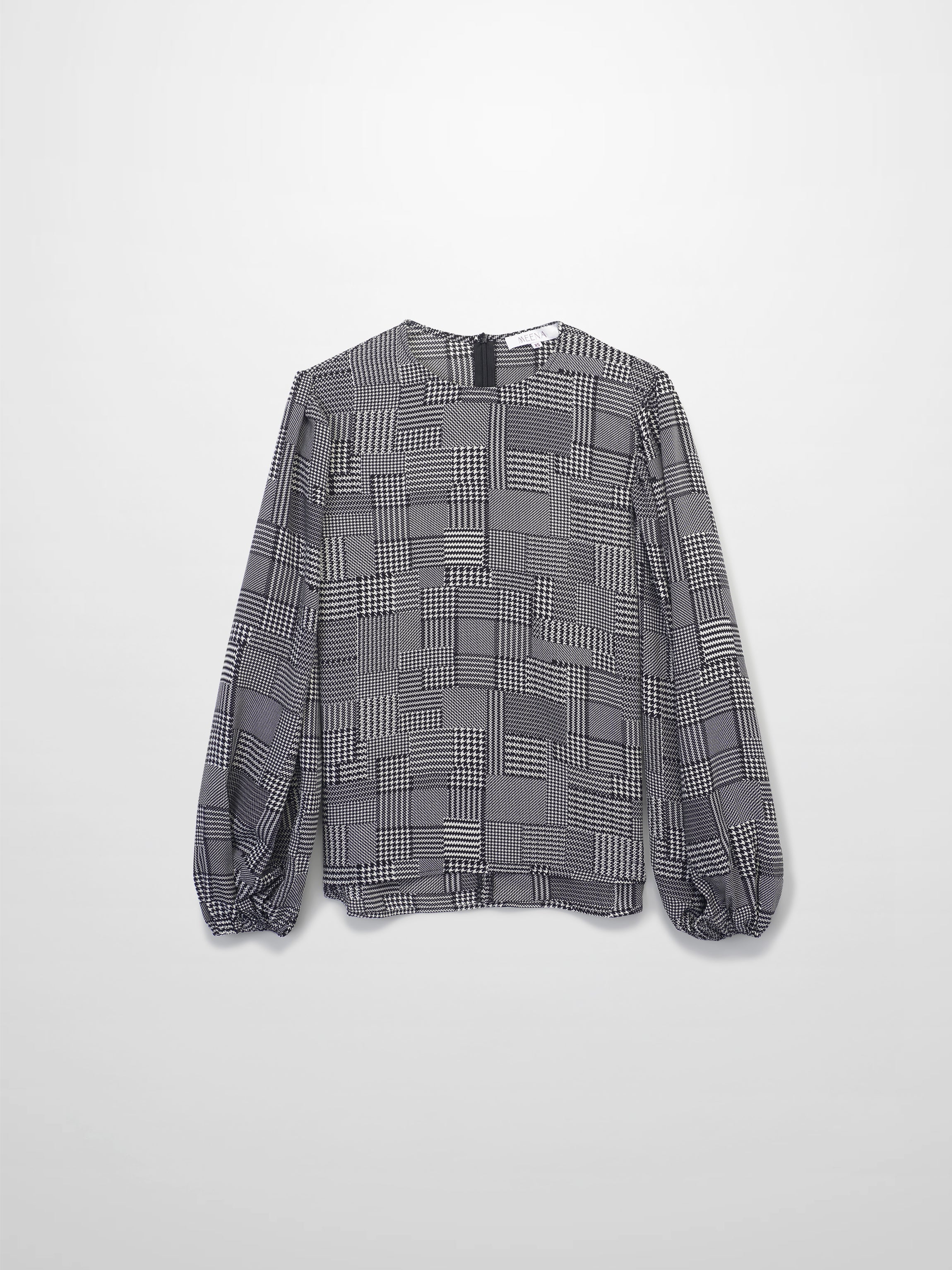 Houndstooth Blouson Sleeve Blouse-Black