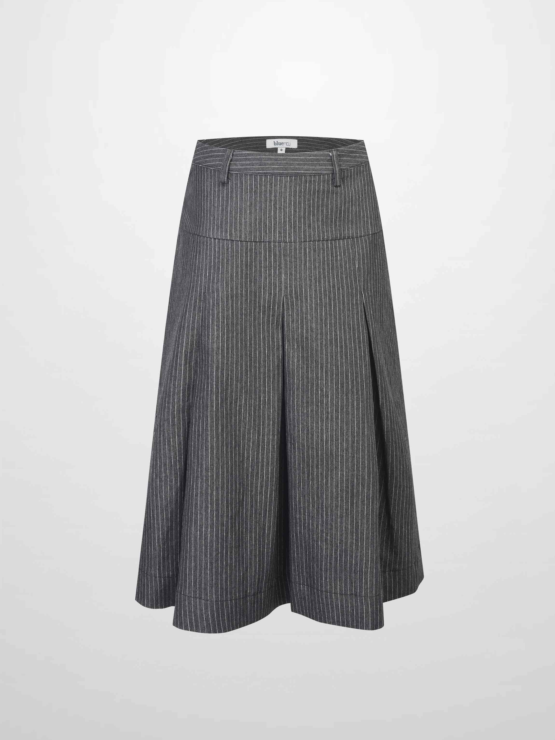 Yoke Pleated Denim Skirt-Black Pinstripe