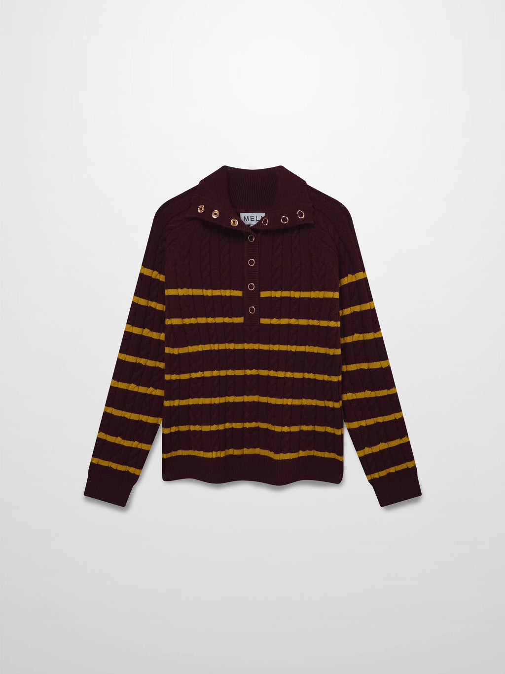 Shawl Snap Collar Striped Cable Sweater-Burgundy/Yellow