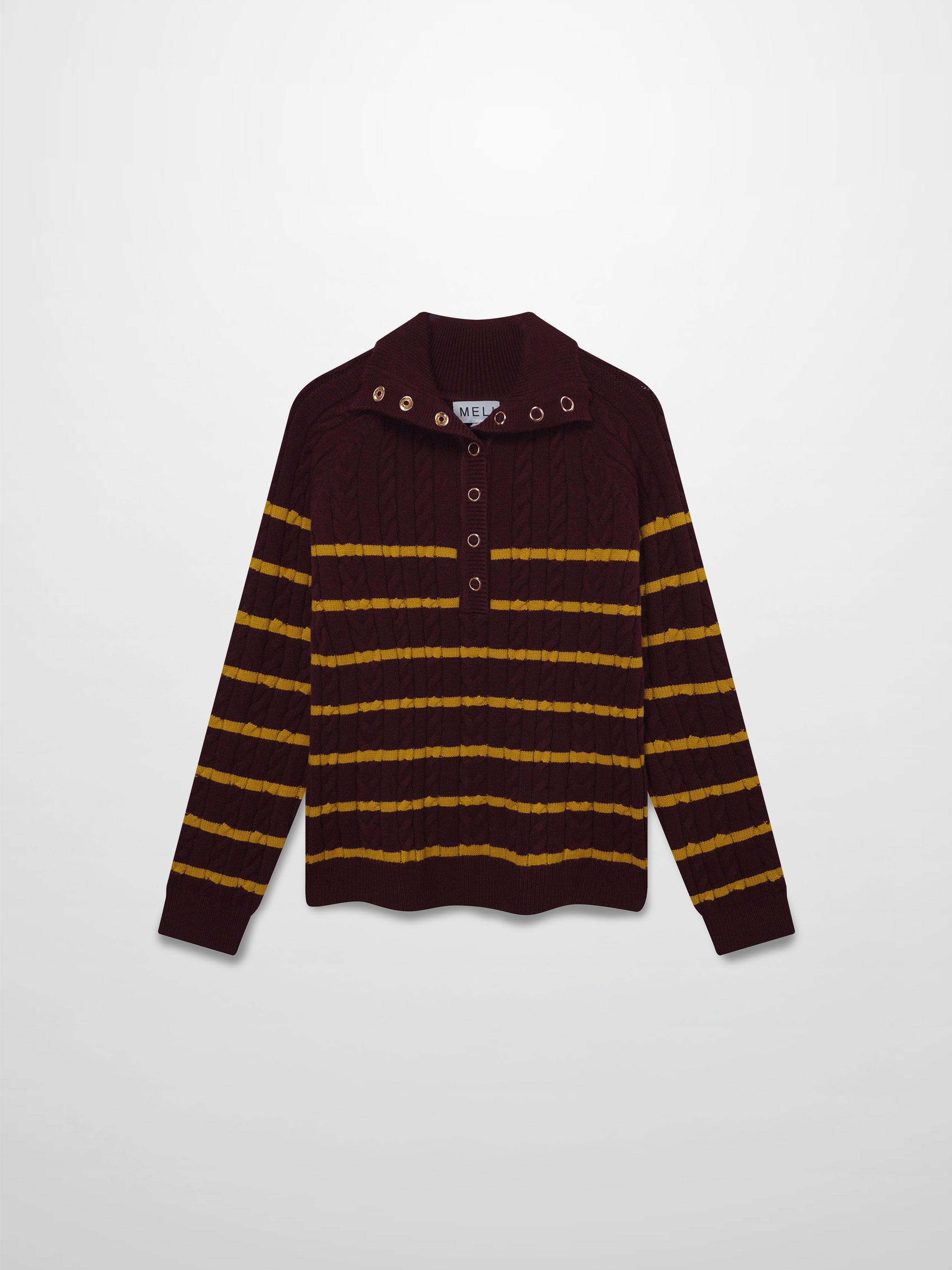 Shawl Snap Collar Striped Cable Sweater-Burgundy/Yellow
