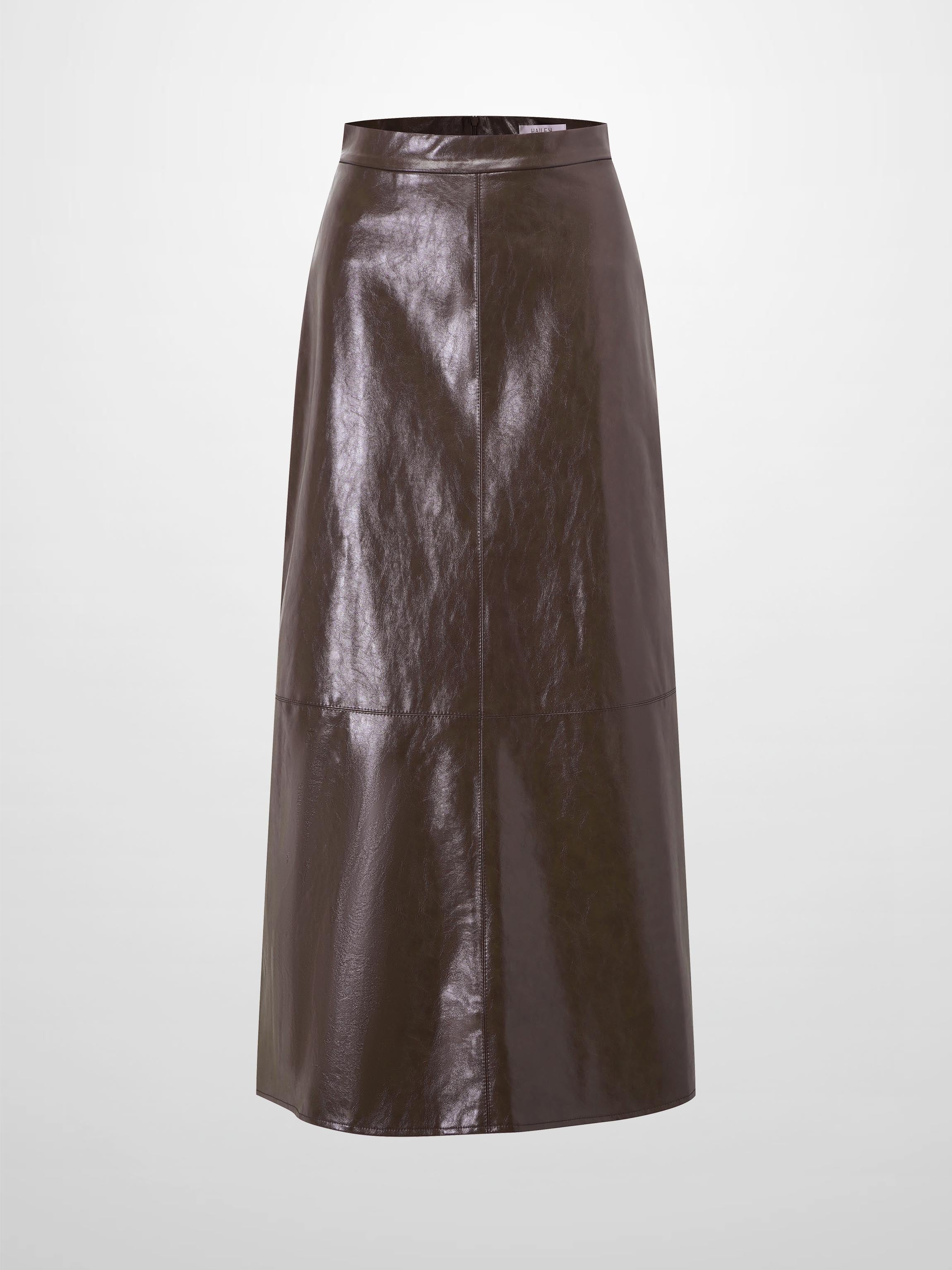 Coated Faux Leather A-Line Skirt-Brown