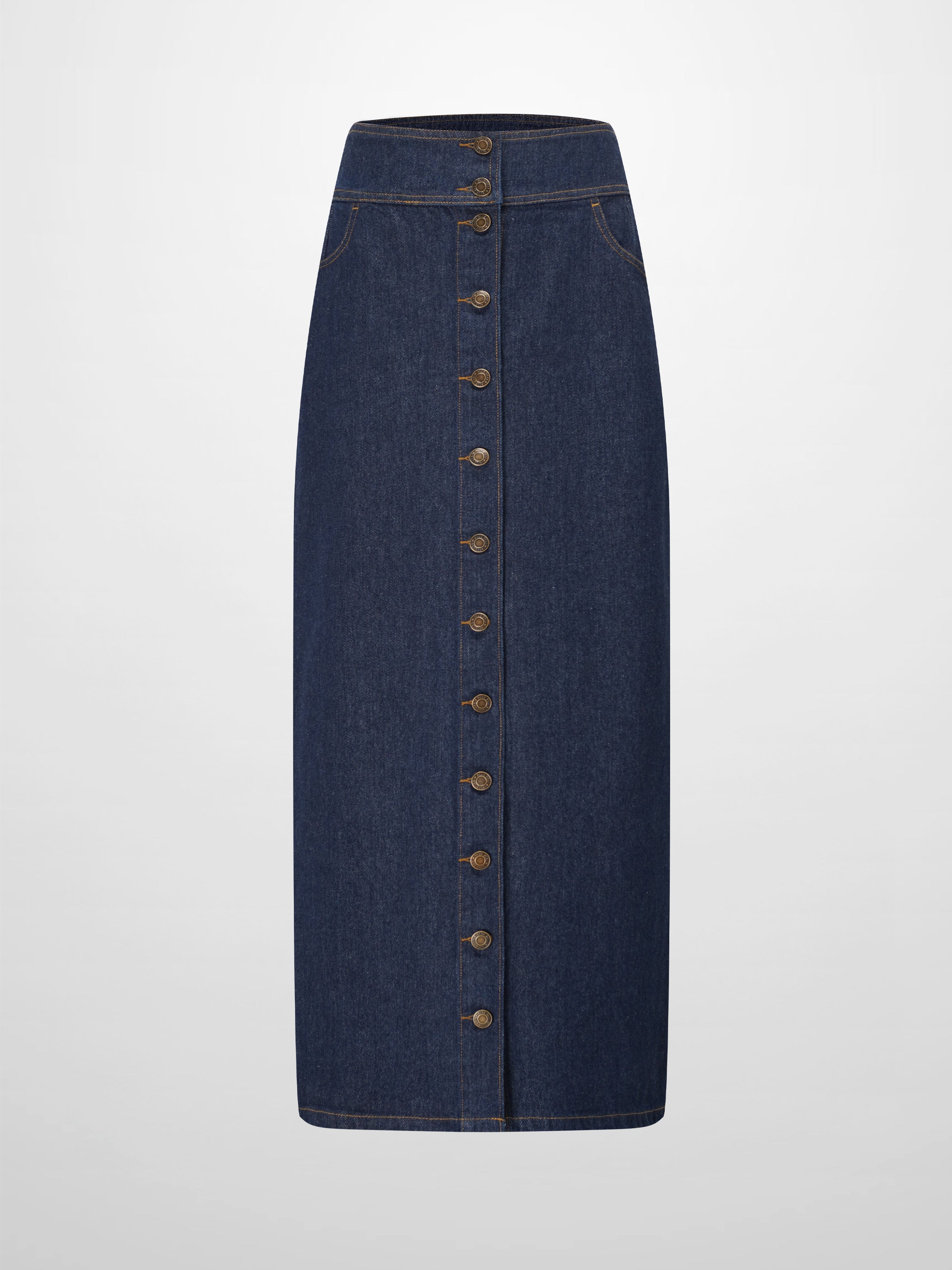 Button Down Denim Skirt-Deep Blue