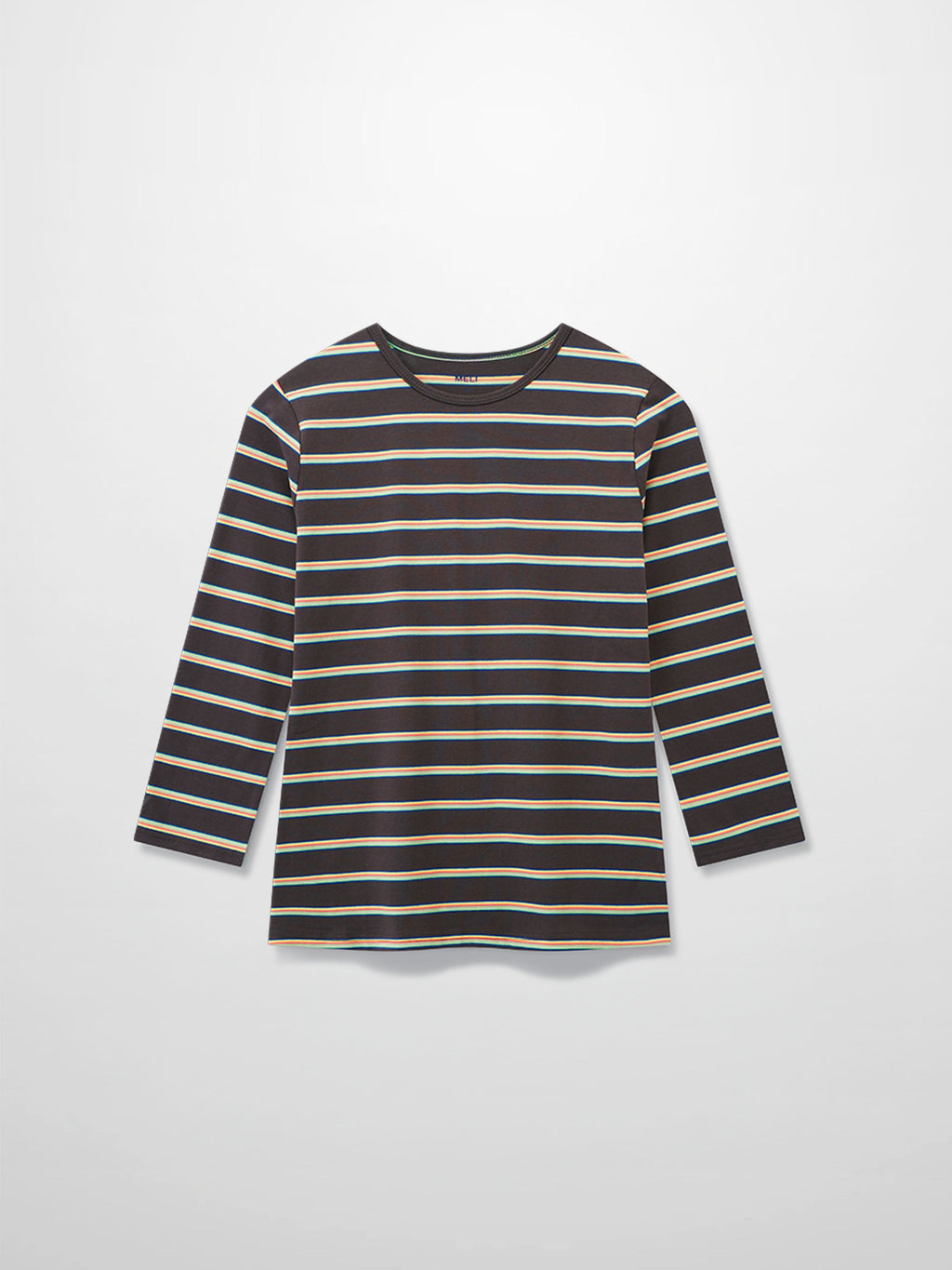 Flat Striped Crew Tee 3Q-Charcoal Grey/Neon Stripe