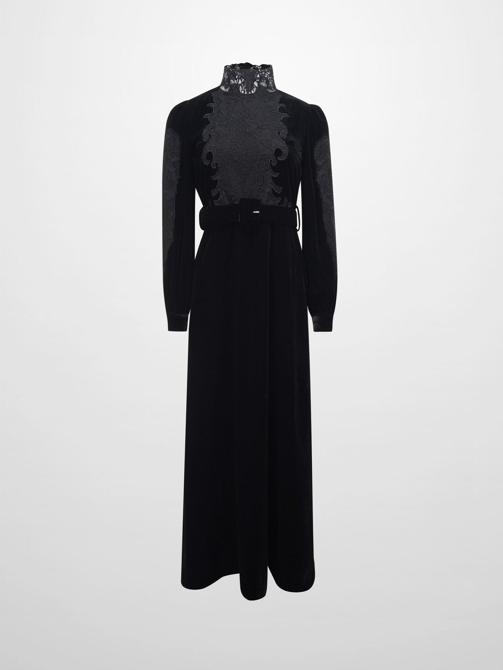 Lace Inlay Velvet Dress-Black