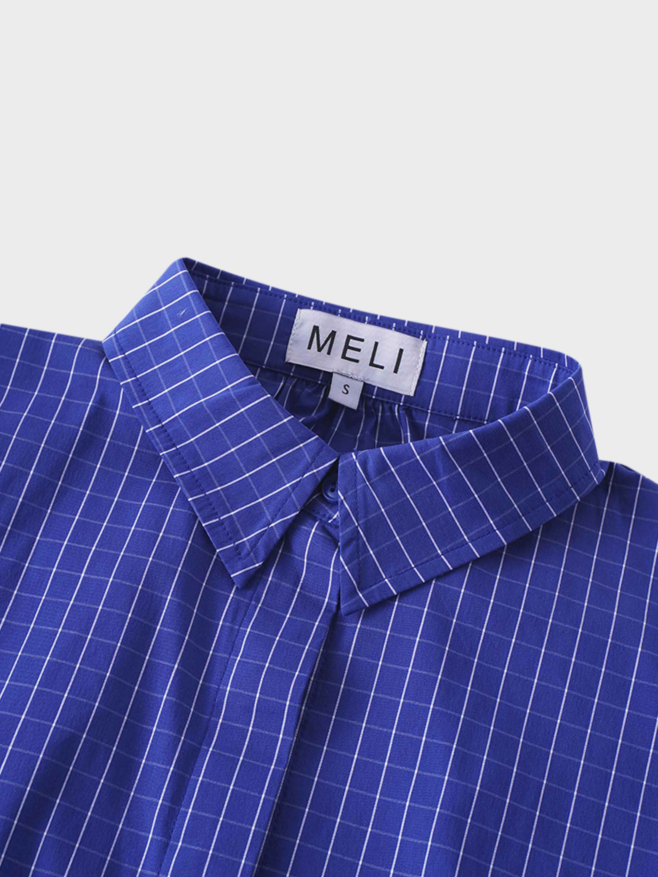 Puff Sleeve Blouse-Cobalt Windowpane