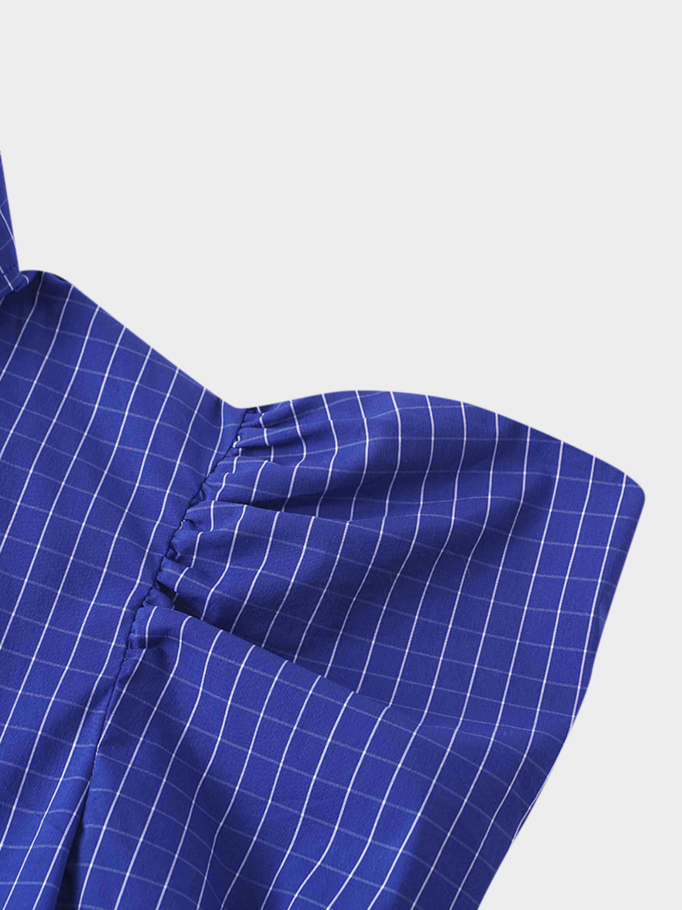 Puff Sleeve Blouse-Cobalt Windowpane