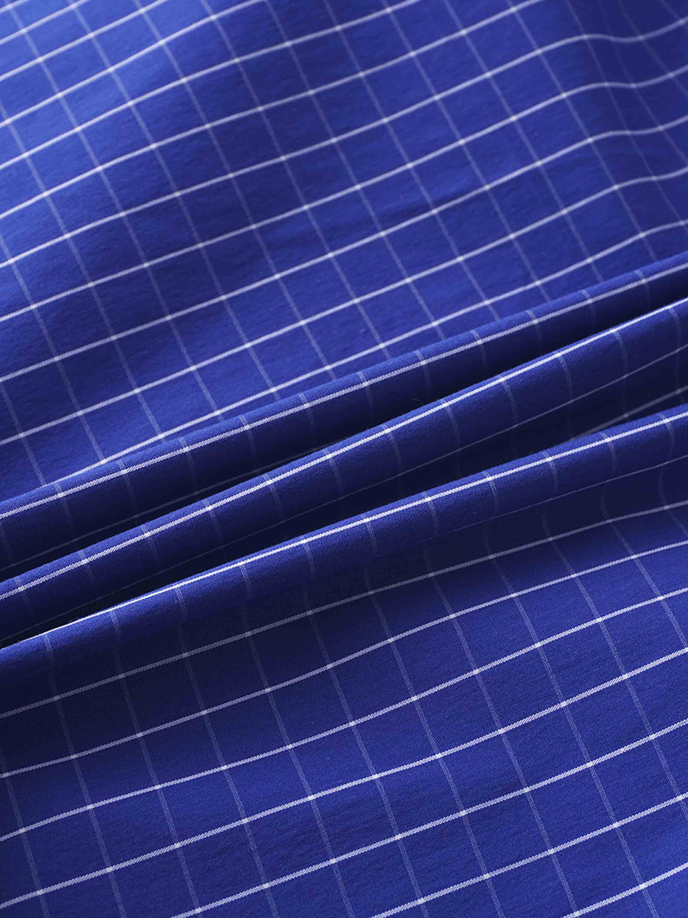 Puff Sleeve Blouse-Cobalt Windowpane