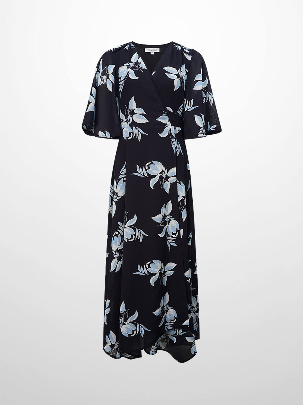 Flutter Sleeve Wrap Dress-Blue Flower