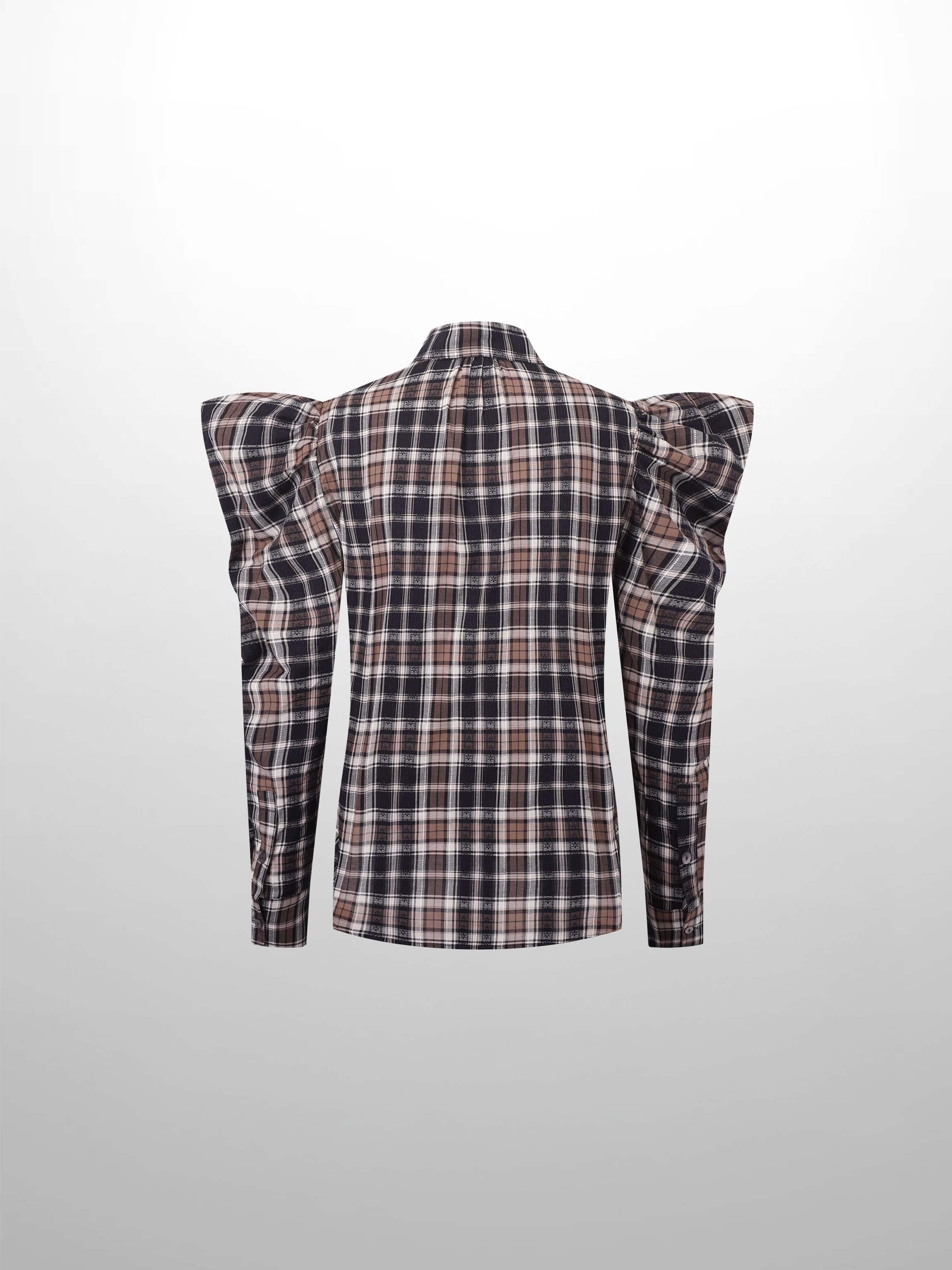 Puff Sleeve Blouse-Embroidered Plaid