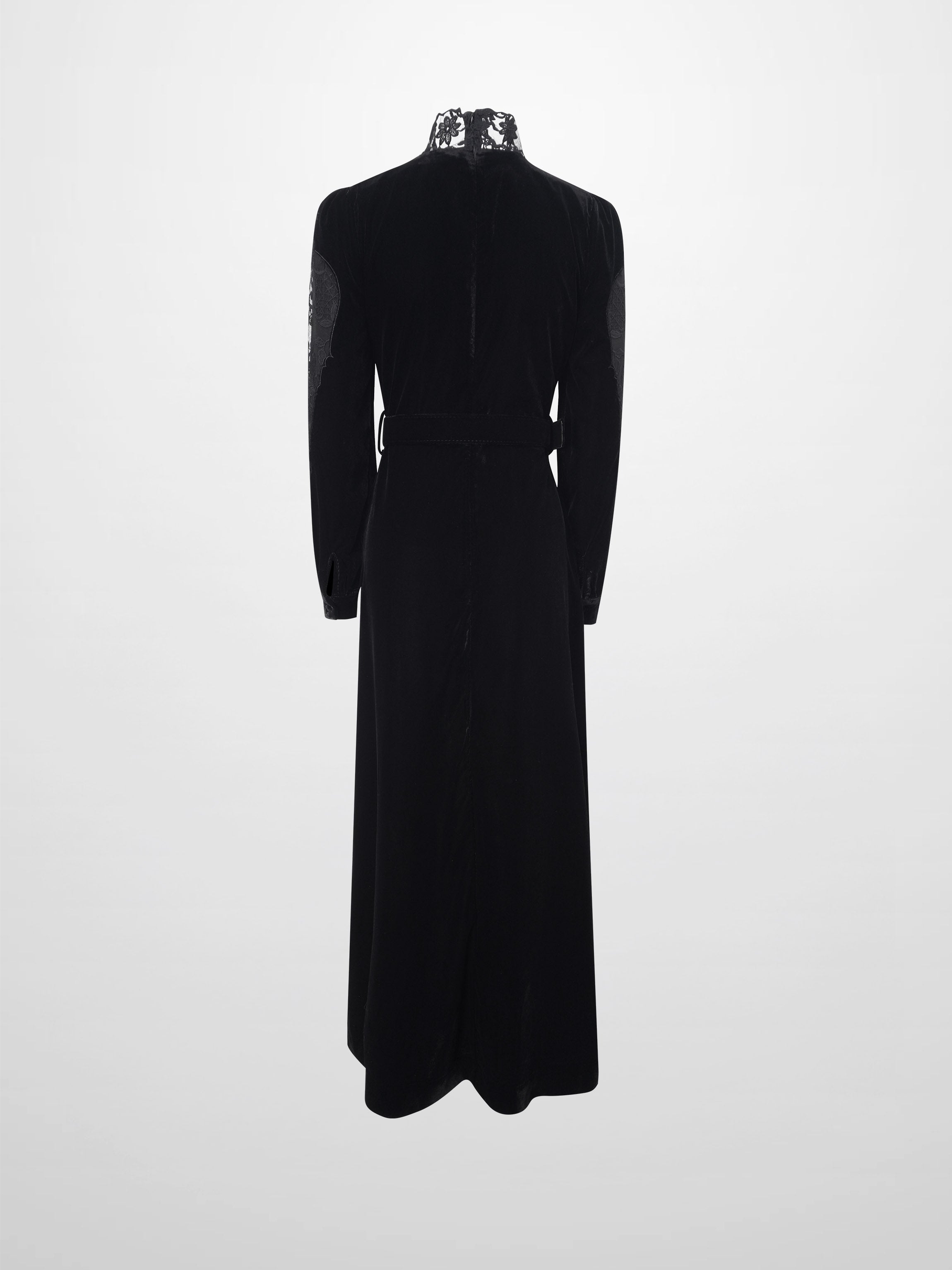 Lace Inlay Velvet Dress-Black