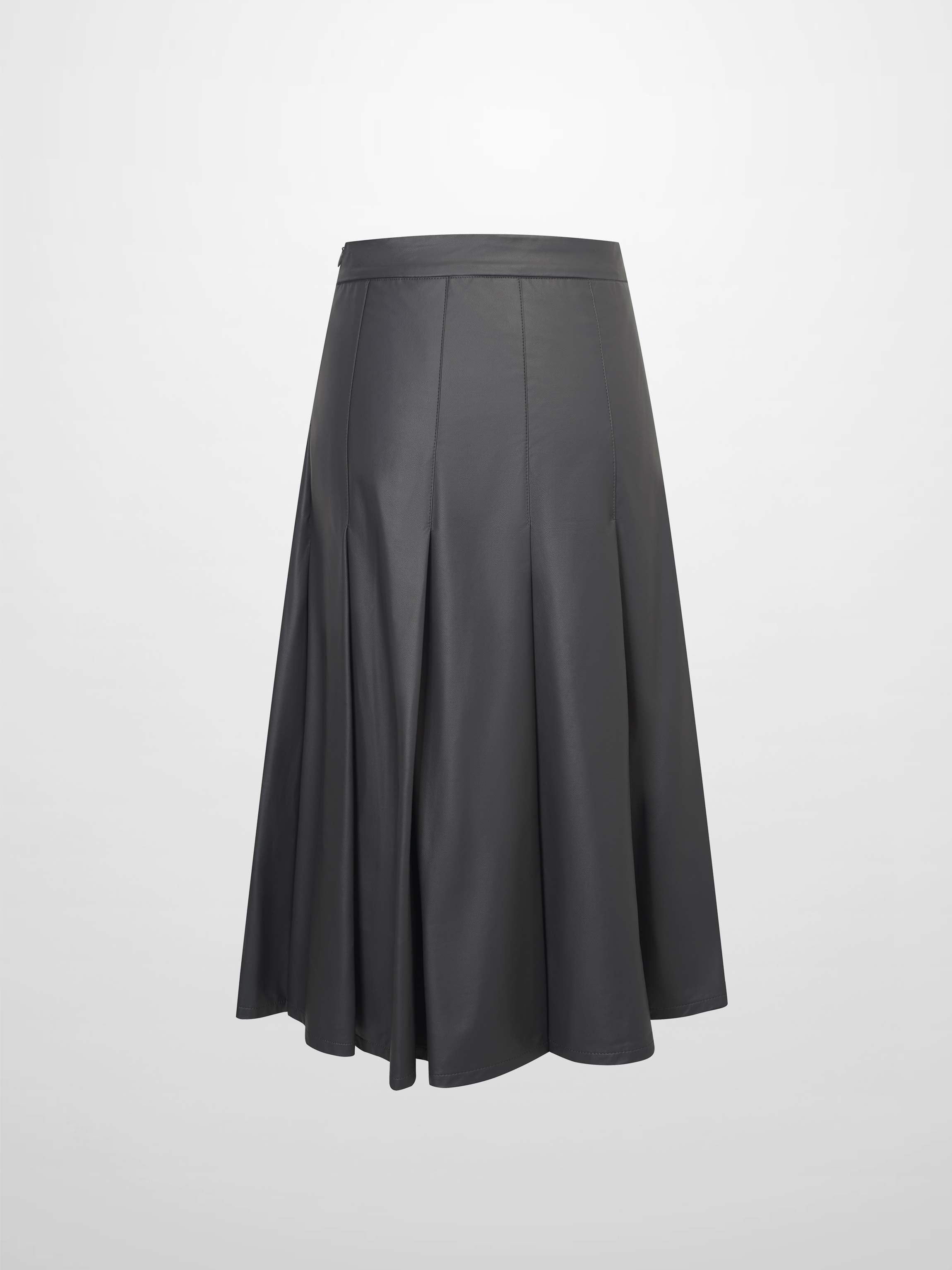 Faux Leather Stitch Down Pleated Skirt-Grey