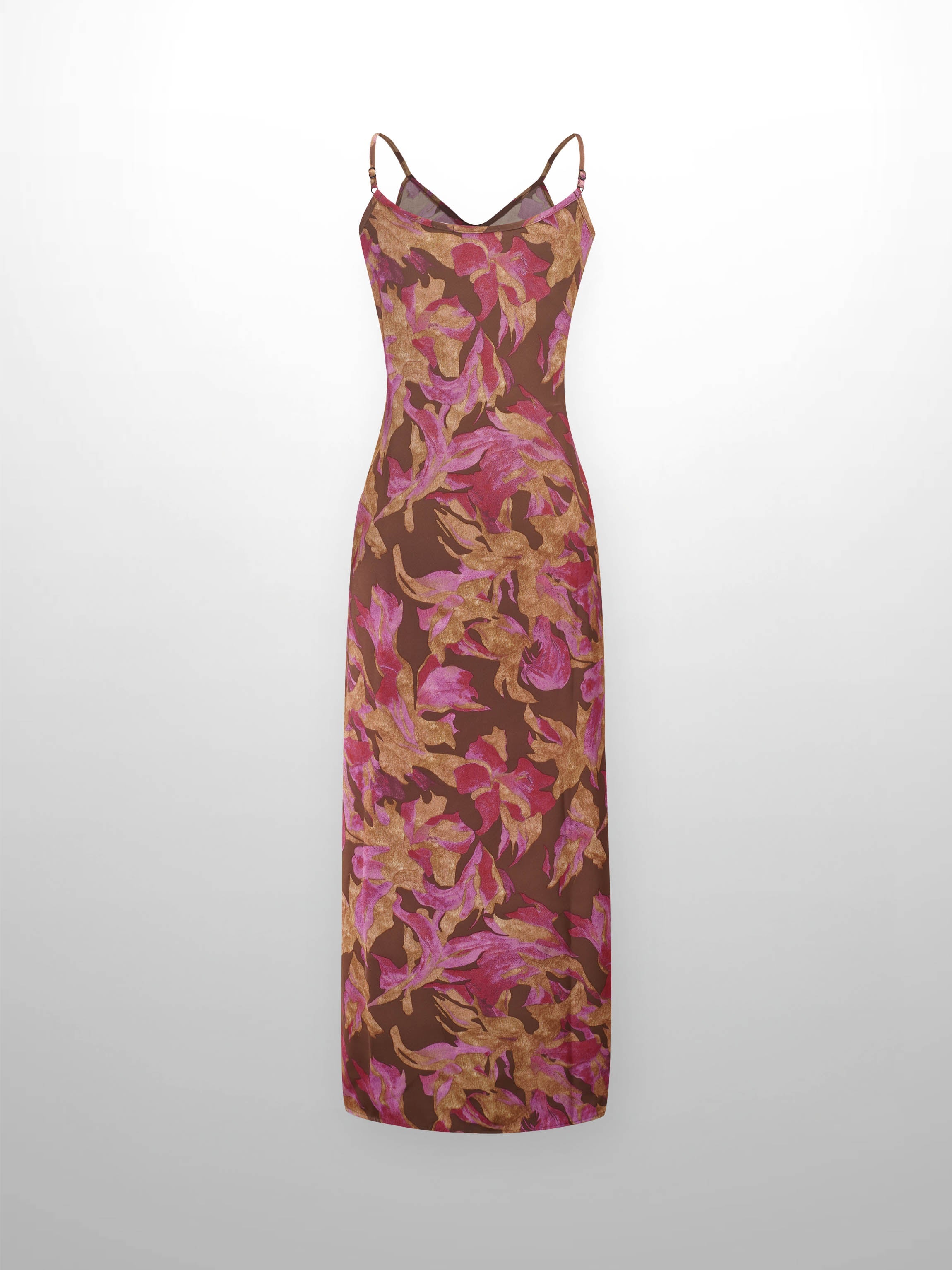 A-Line V Neck Slip Dress-Brown/Pink Floral