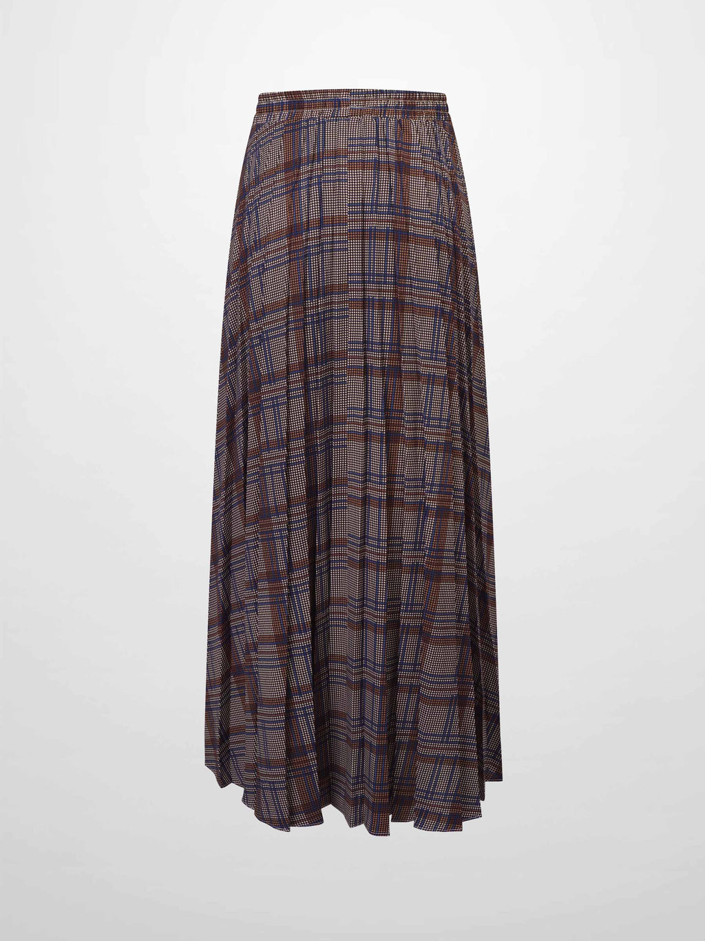 Covered Band Pleated Skirt-Brown/Blue Plaid