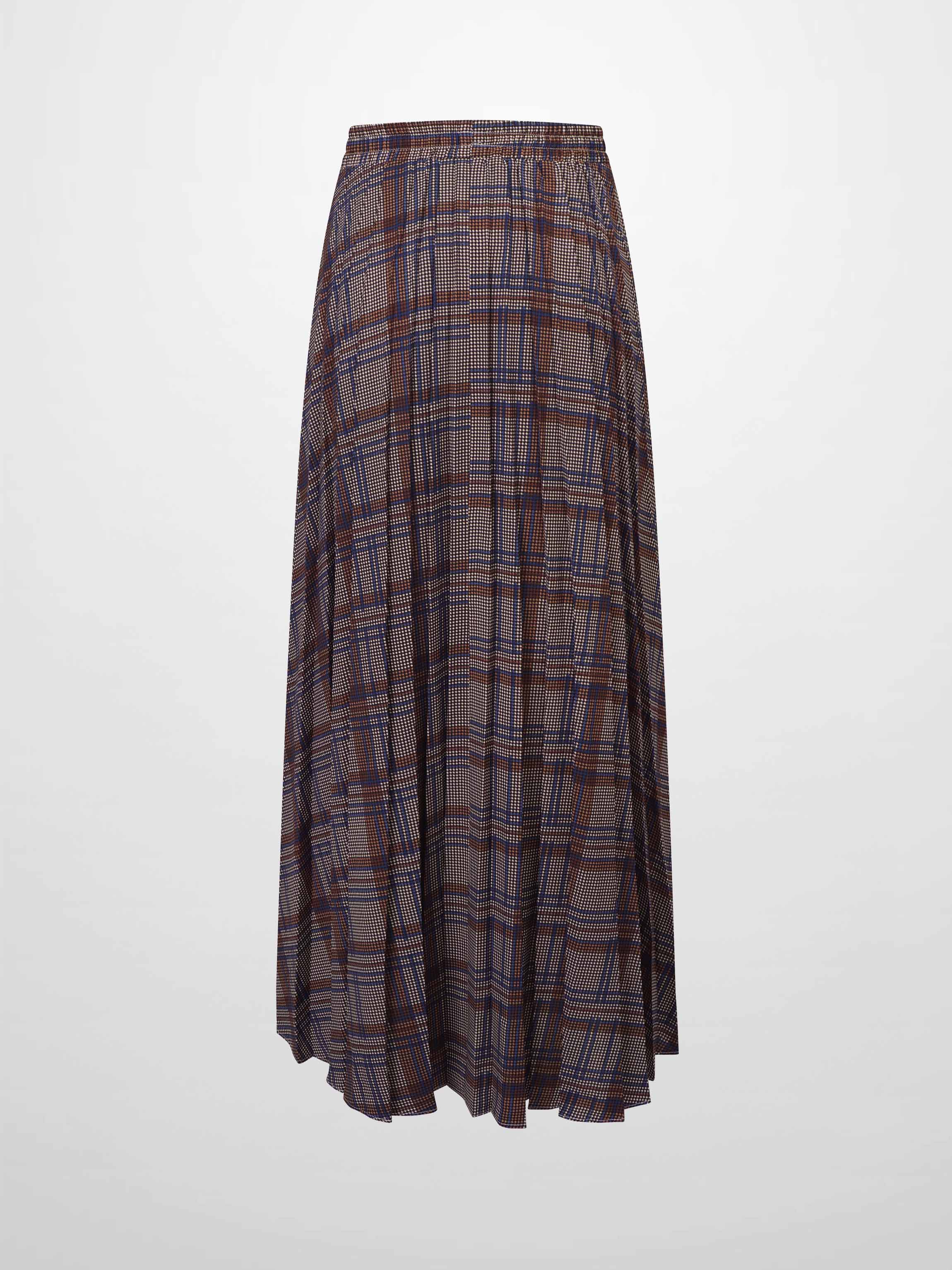 Covered Band Pleated Skirt-Brown/Blue Plaid