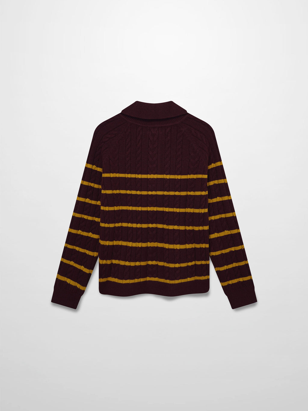 Shawl Snap Collar Striped Cable Sweater-Burgundy/Yellow