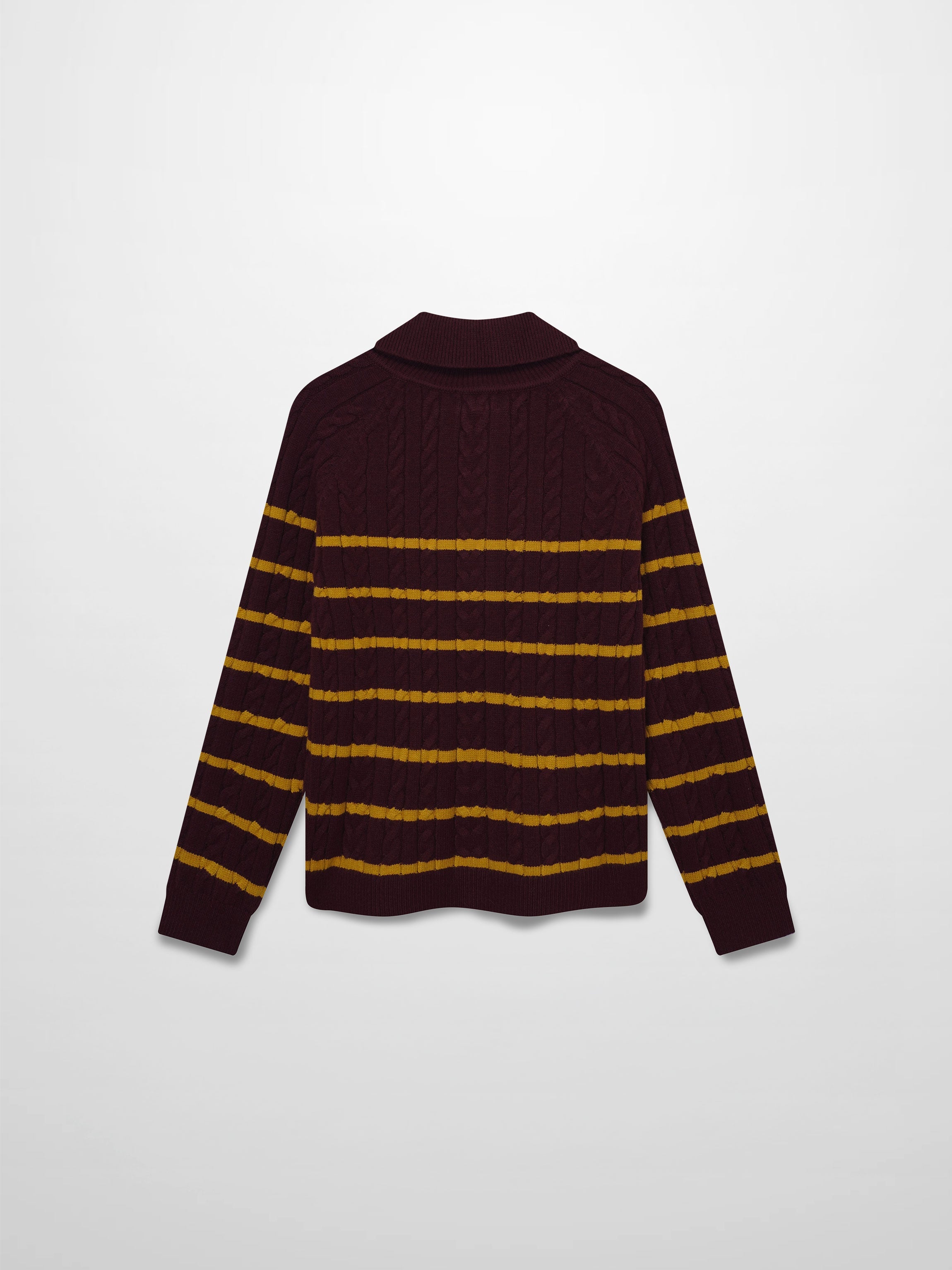 Shawl Snap Collar Striped Cable Sweater-Burgundy/Yellow