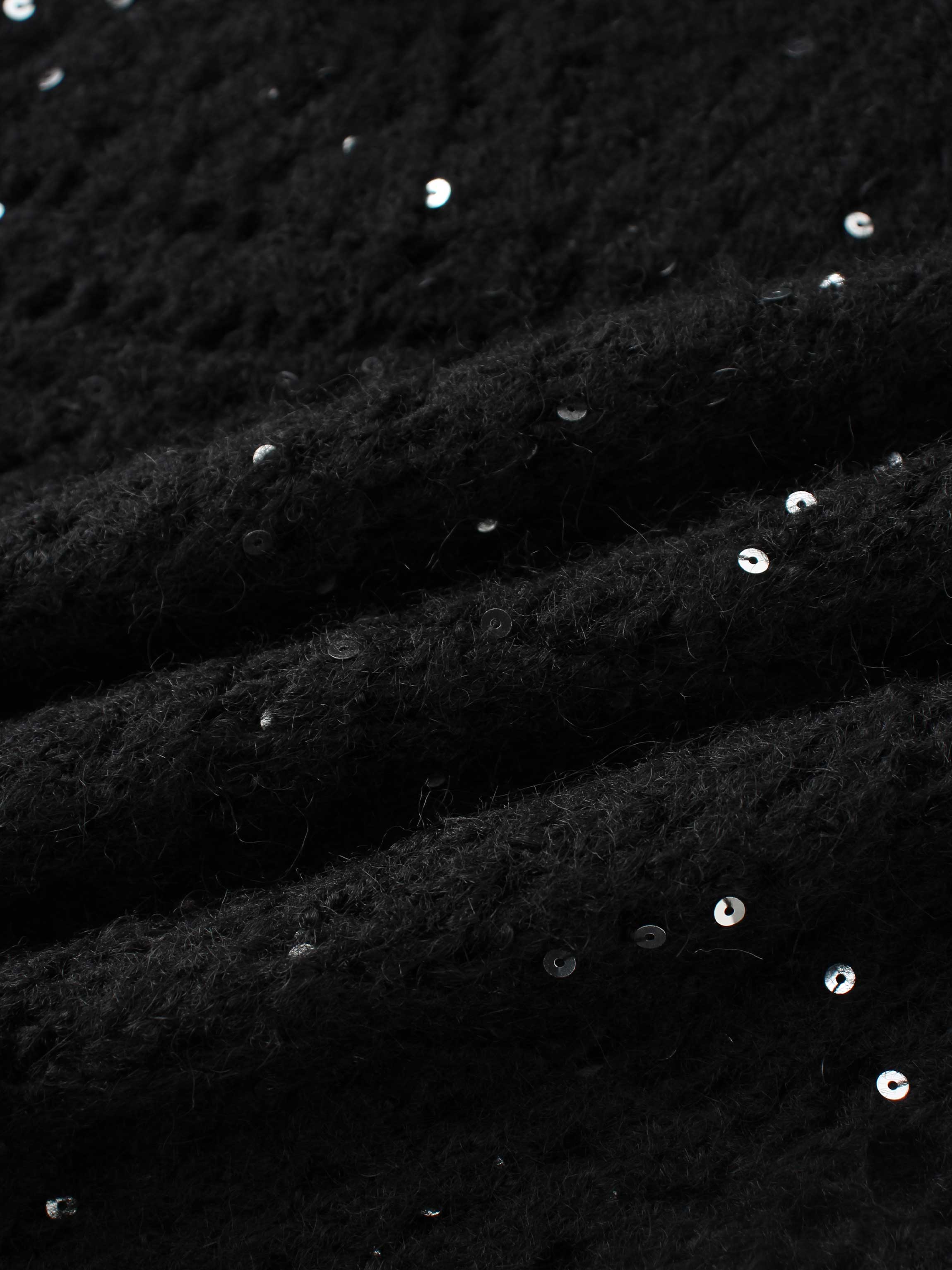 Open Crochet Knit Sequin Sweater-Black