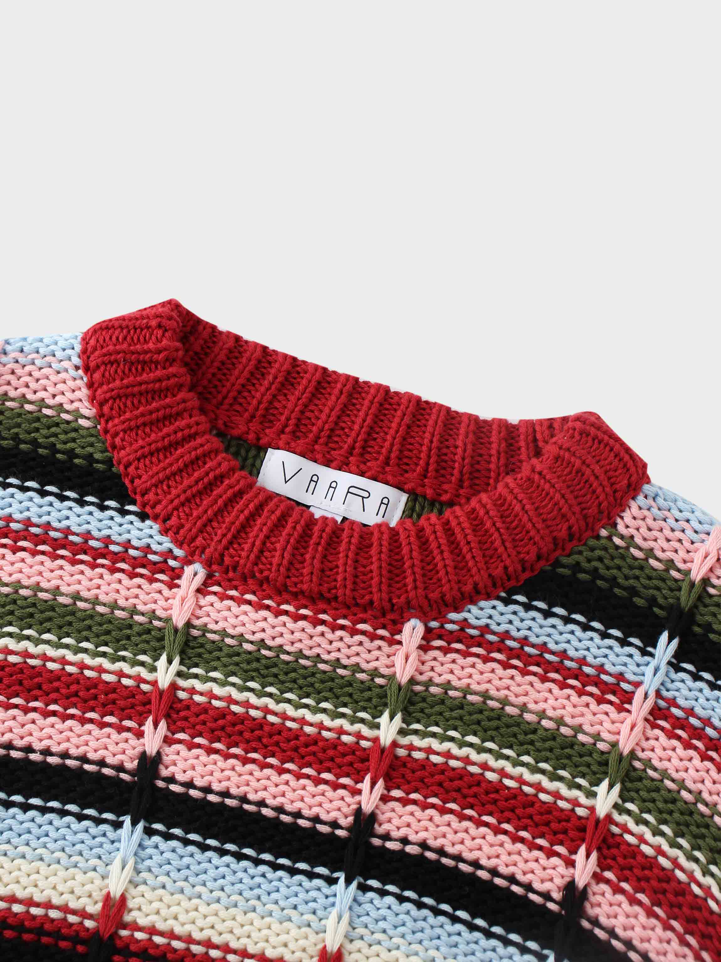 Overstitch Detail Striped Sweater-Burgundy