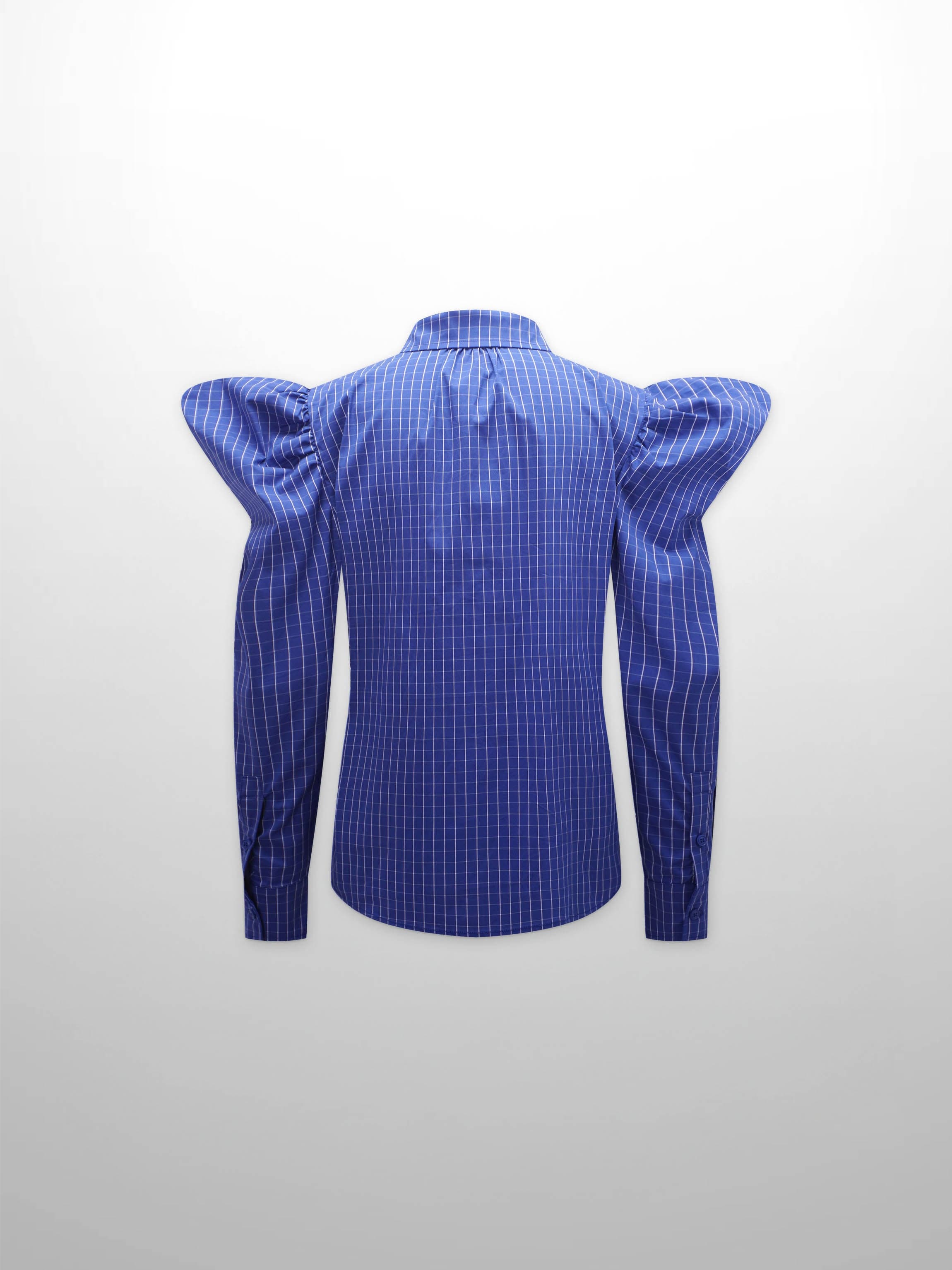 Puff Sleeve Blouse-Cobalt Windowpane