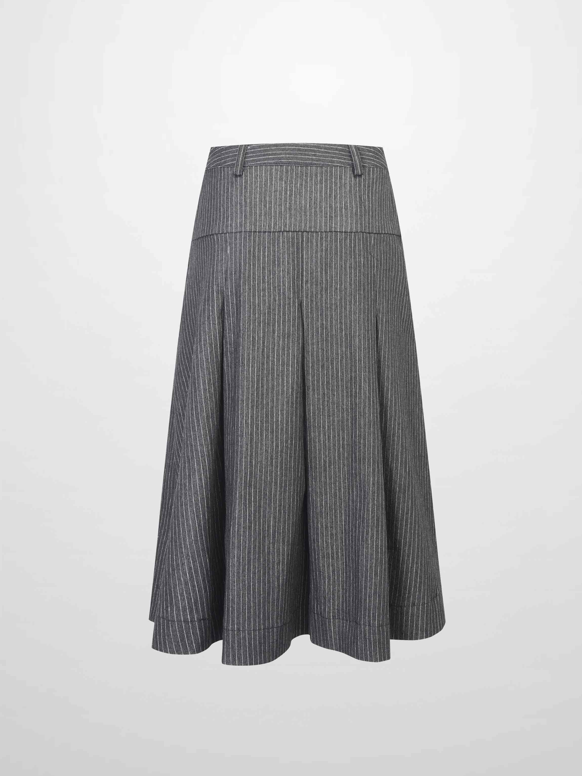 Yoke Pleated Denim Skirt-Black Pinstripe