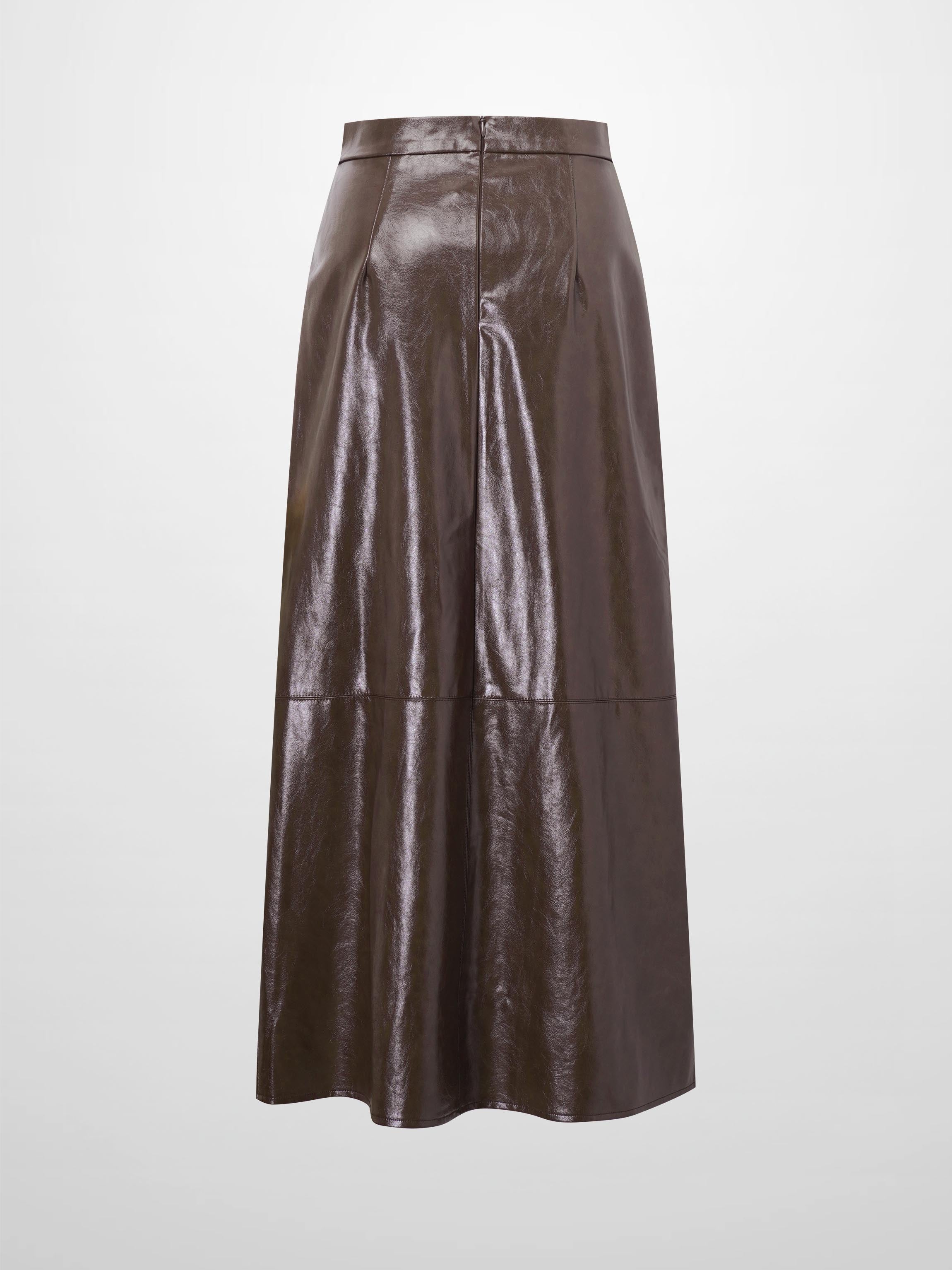 Coated Faux Leather A-Line Skirt-Brown