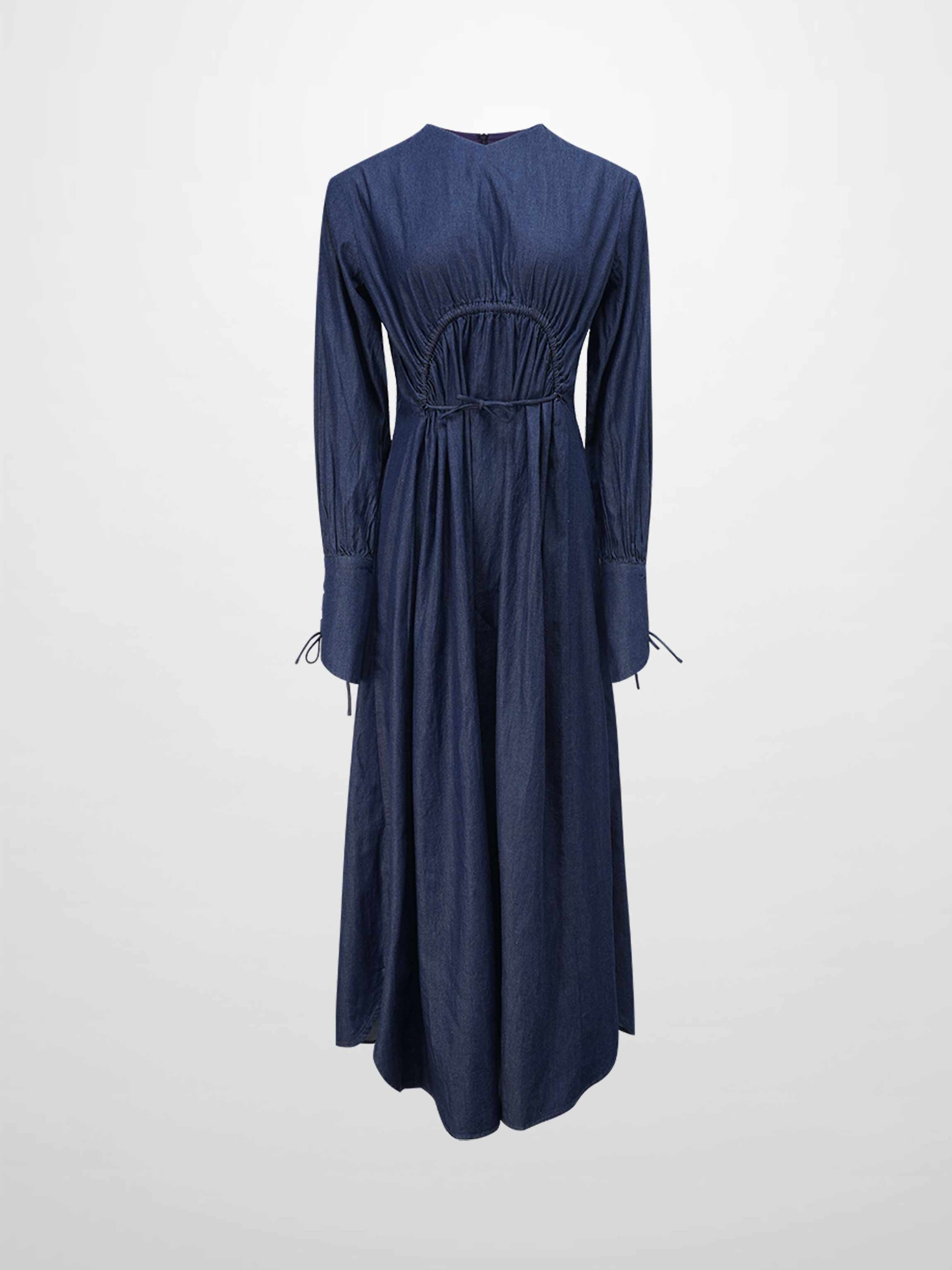 High Waist Drawstring Maternity Dress-Dark Denim