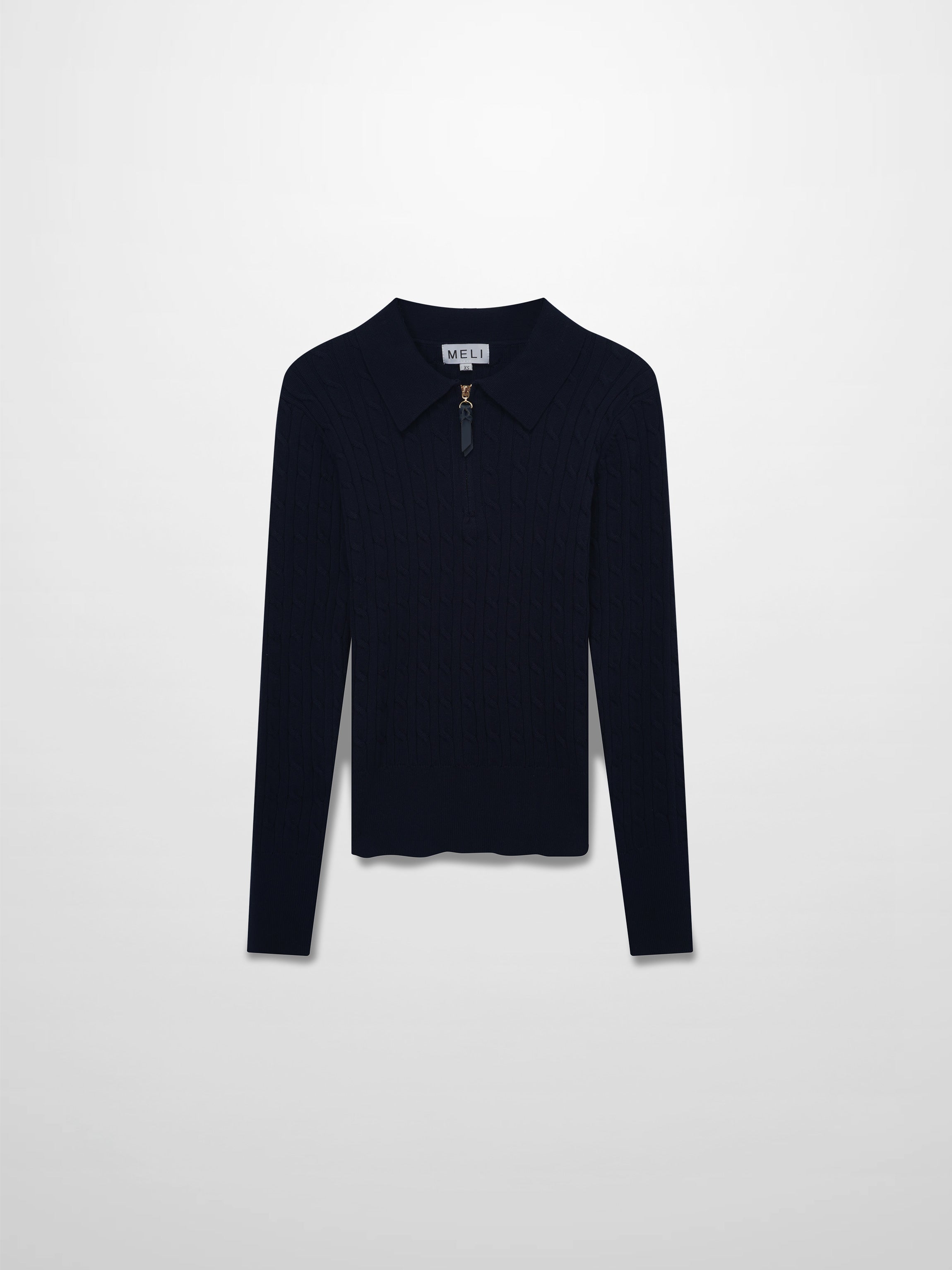 Leather Pull Half Zip Cable Polo-Navy
