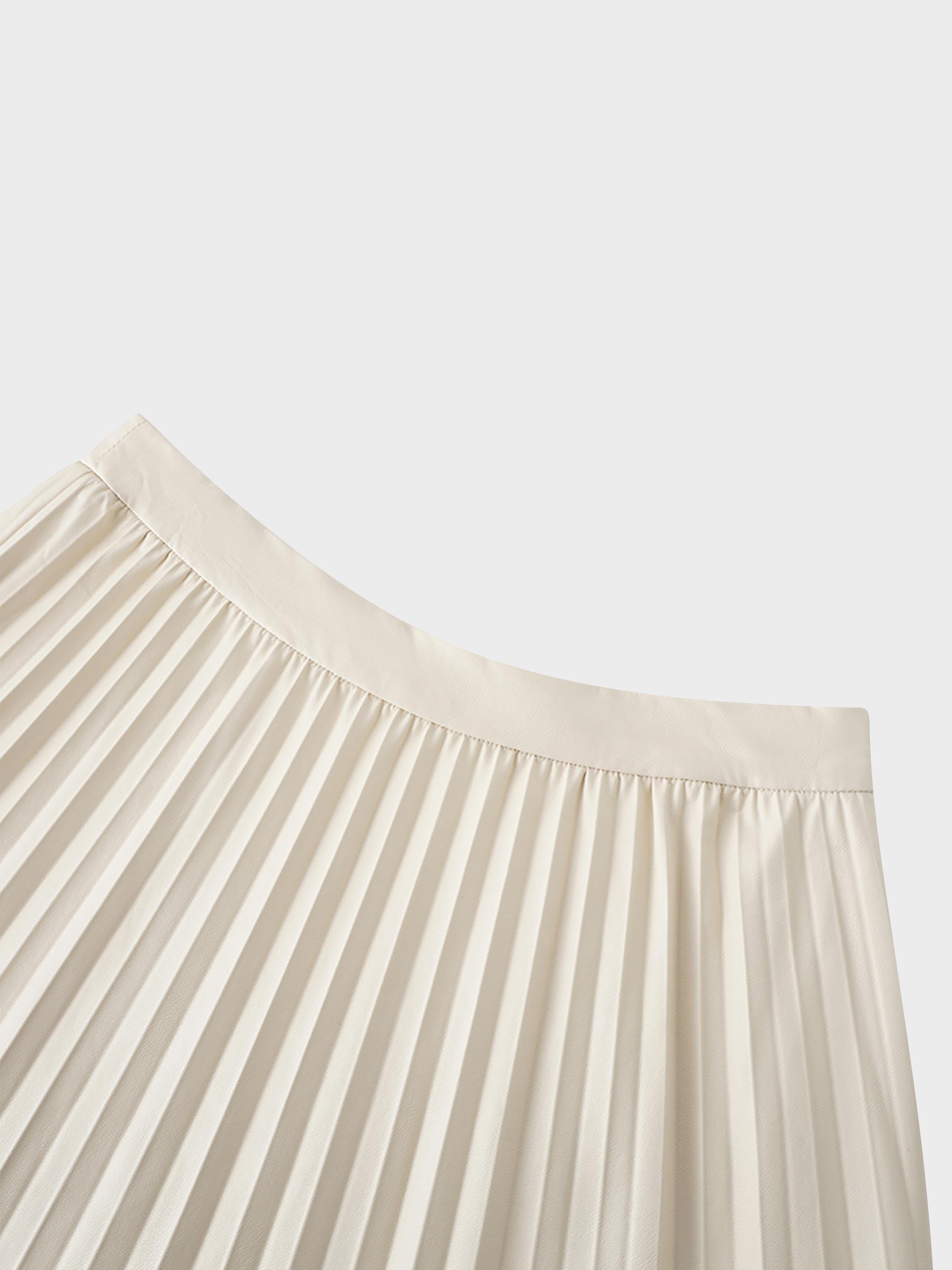 Accordion Pleated Faux Leather Skirt-Ivory