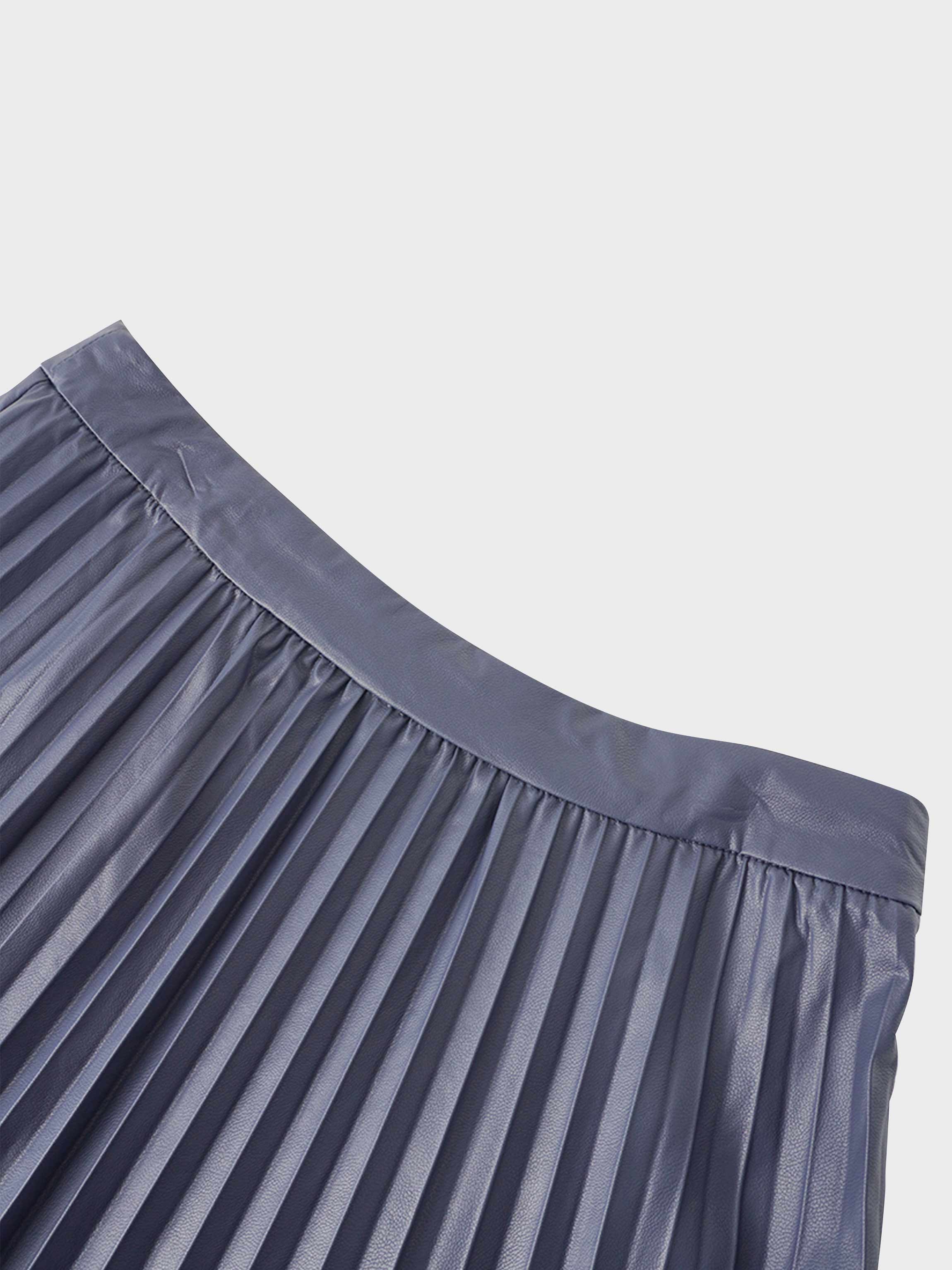 Accordion Pleated Faux Leather Skirt-Navy