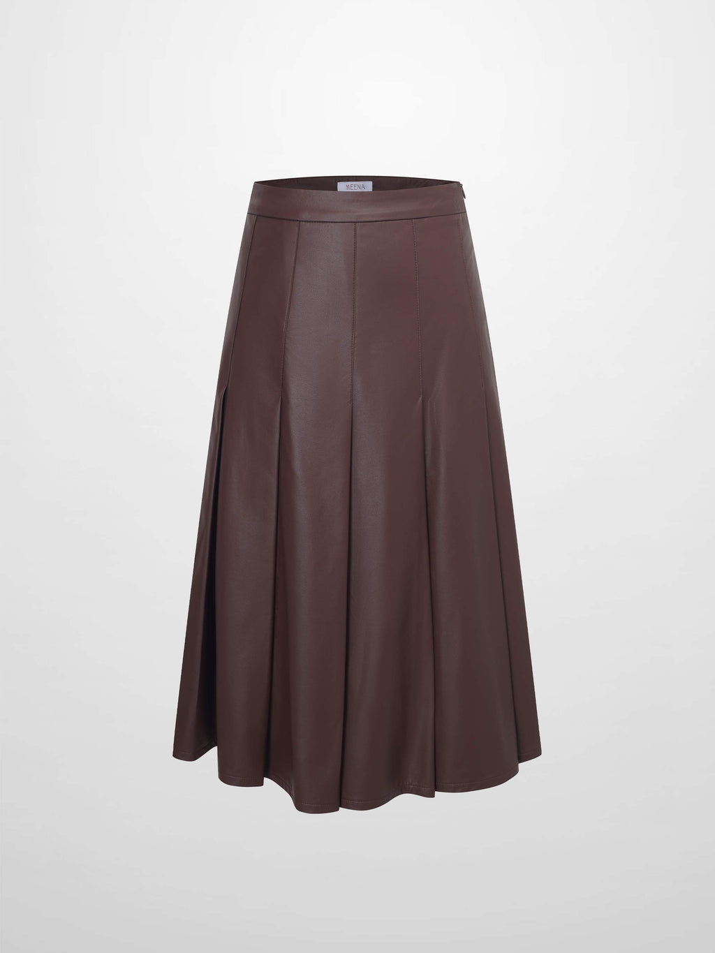 Faux Leather Stitch Down Pleated Skirt-Brown