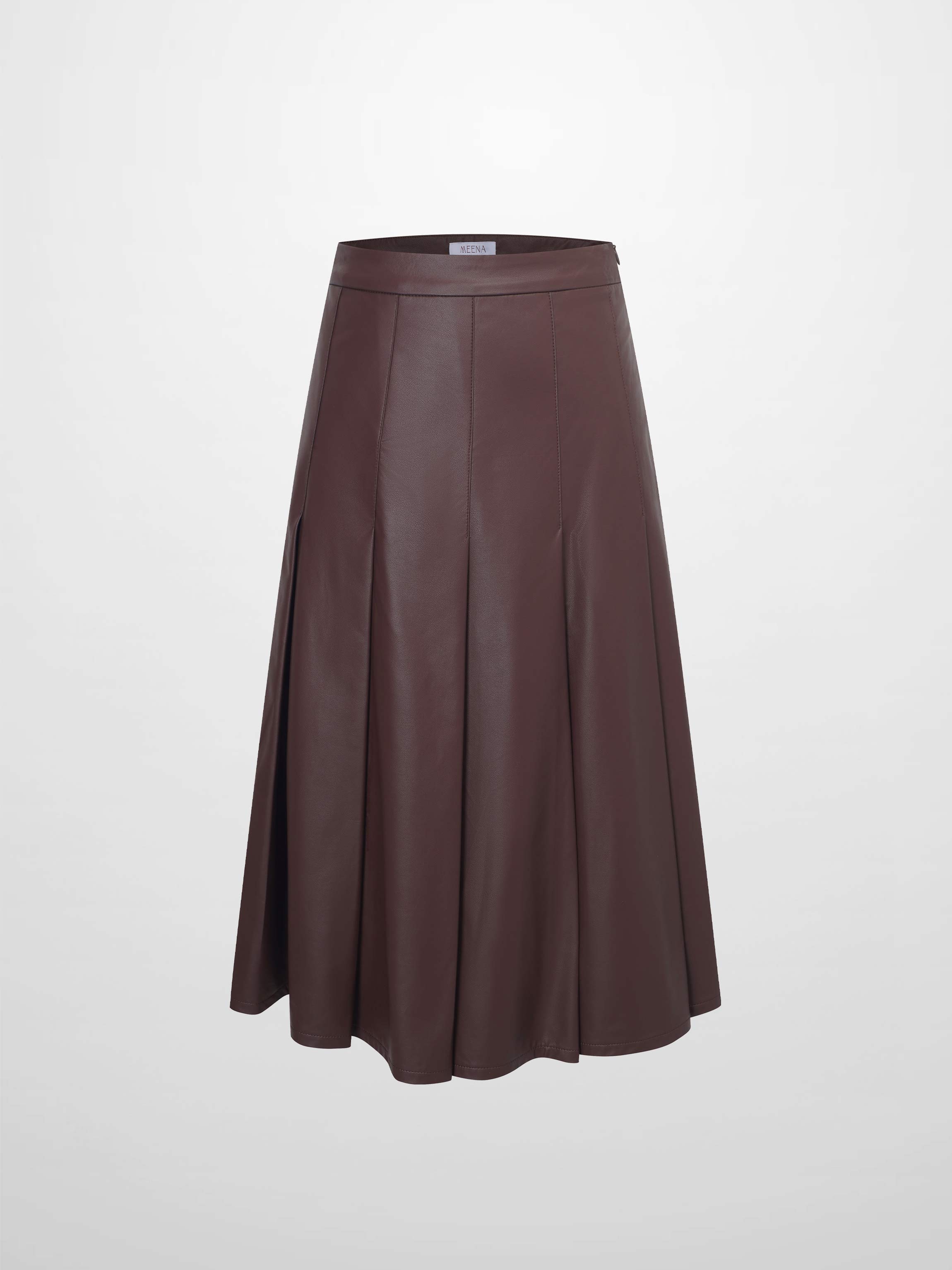 Faux Leather Stitch Down Pleated Skirt-Brown